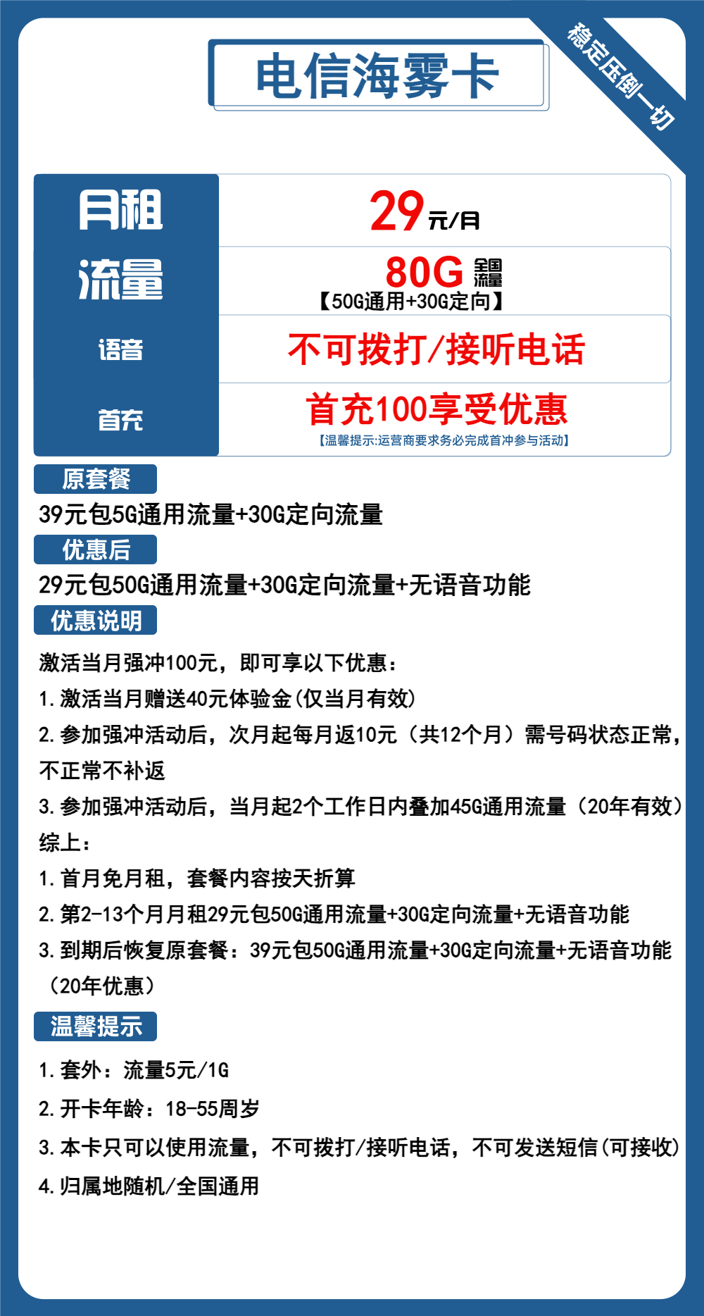 电信海雾卡29元包50G通用+30G定向+无语音功能