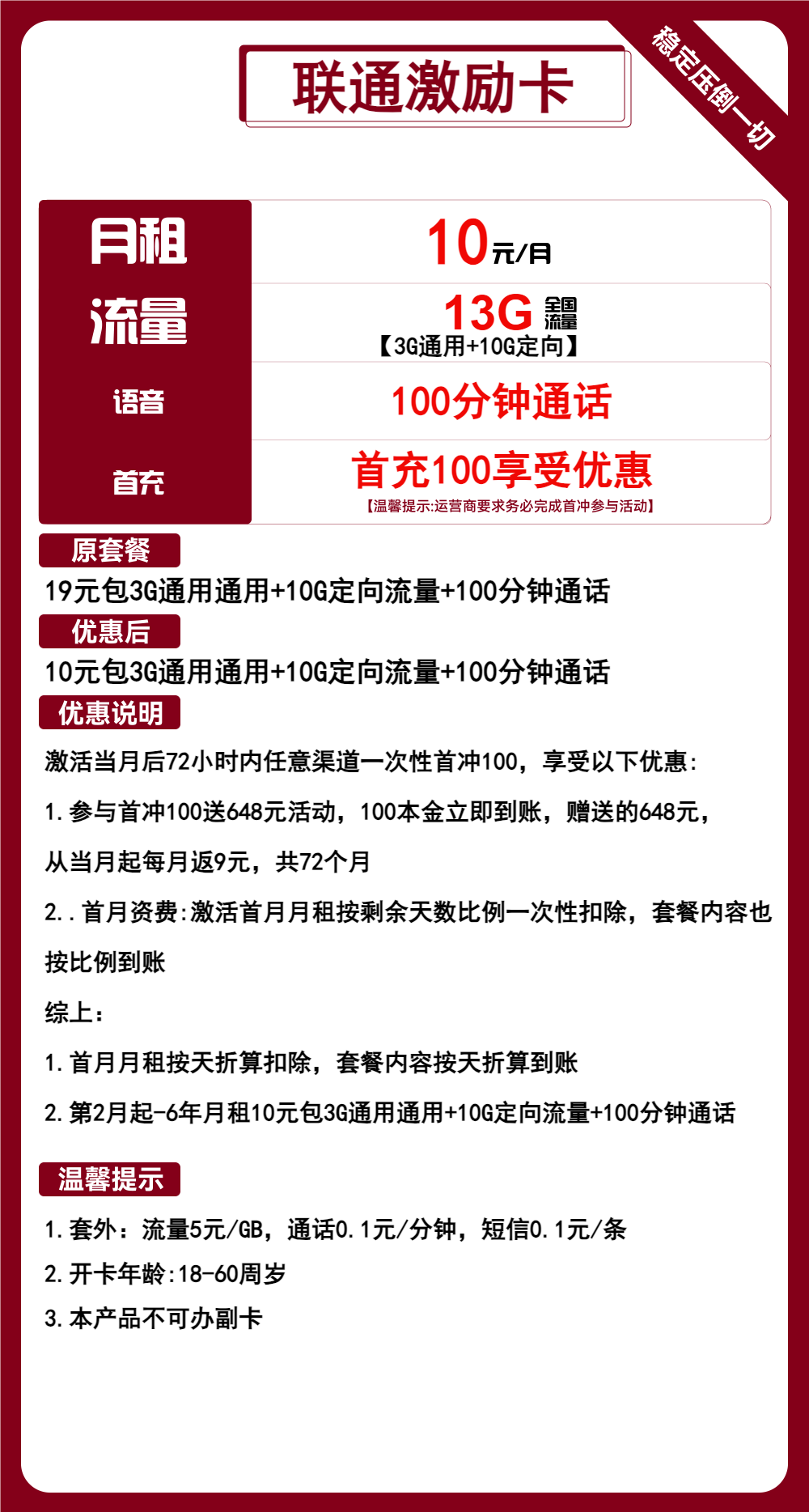联通激励卡10元包3G通用+10G定向+100分钟通话