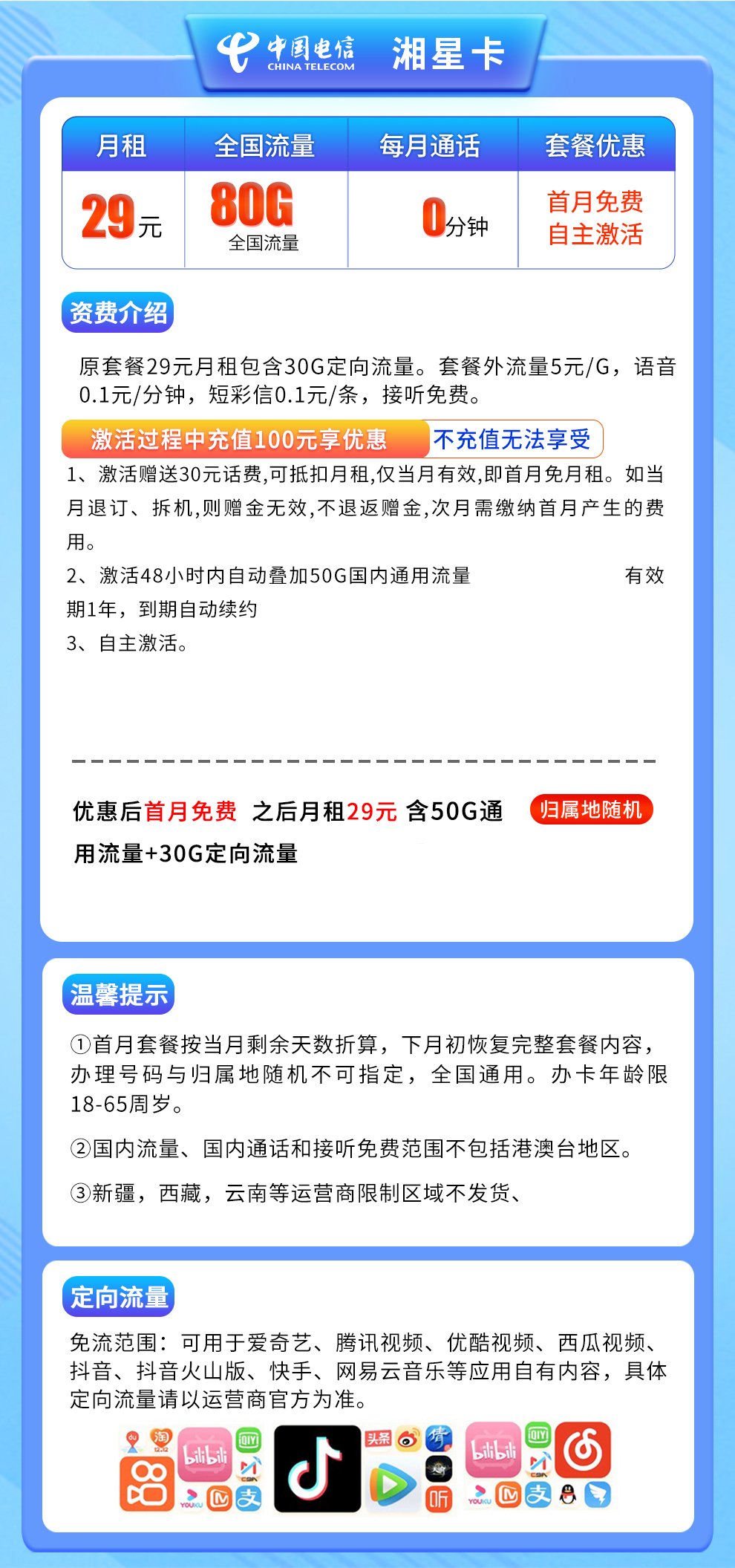 电信-湘星卡29元80G