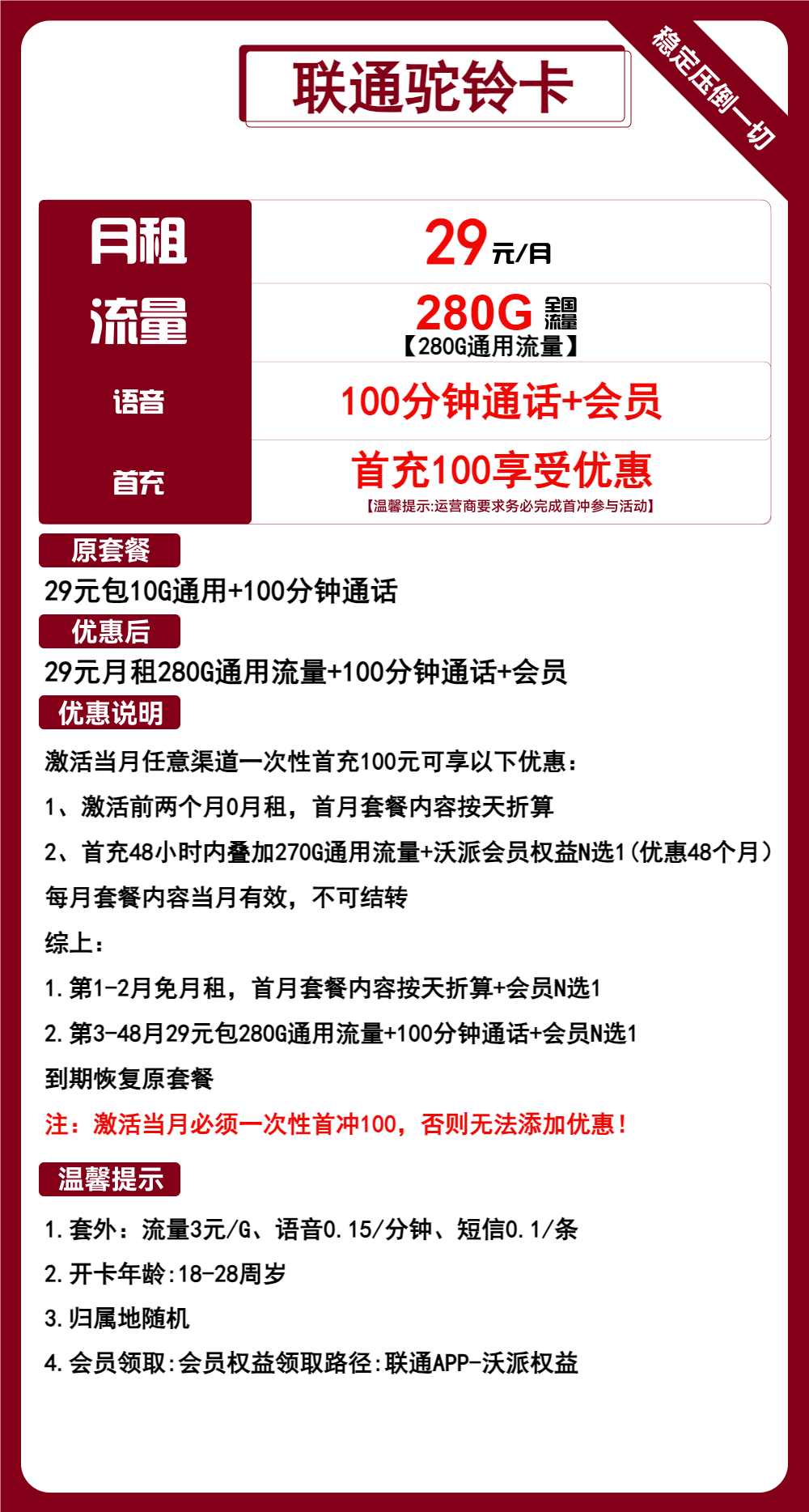 联通驼铃卡29元包280G通用+100分钟通话+会员
