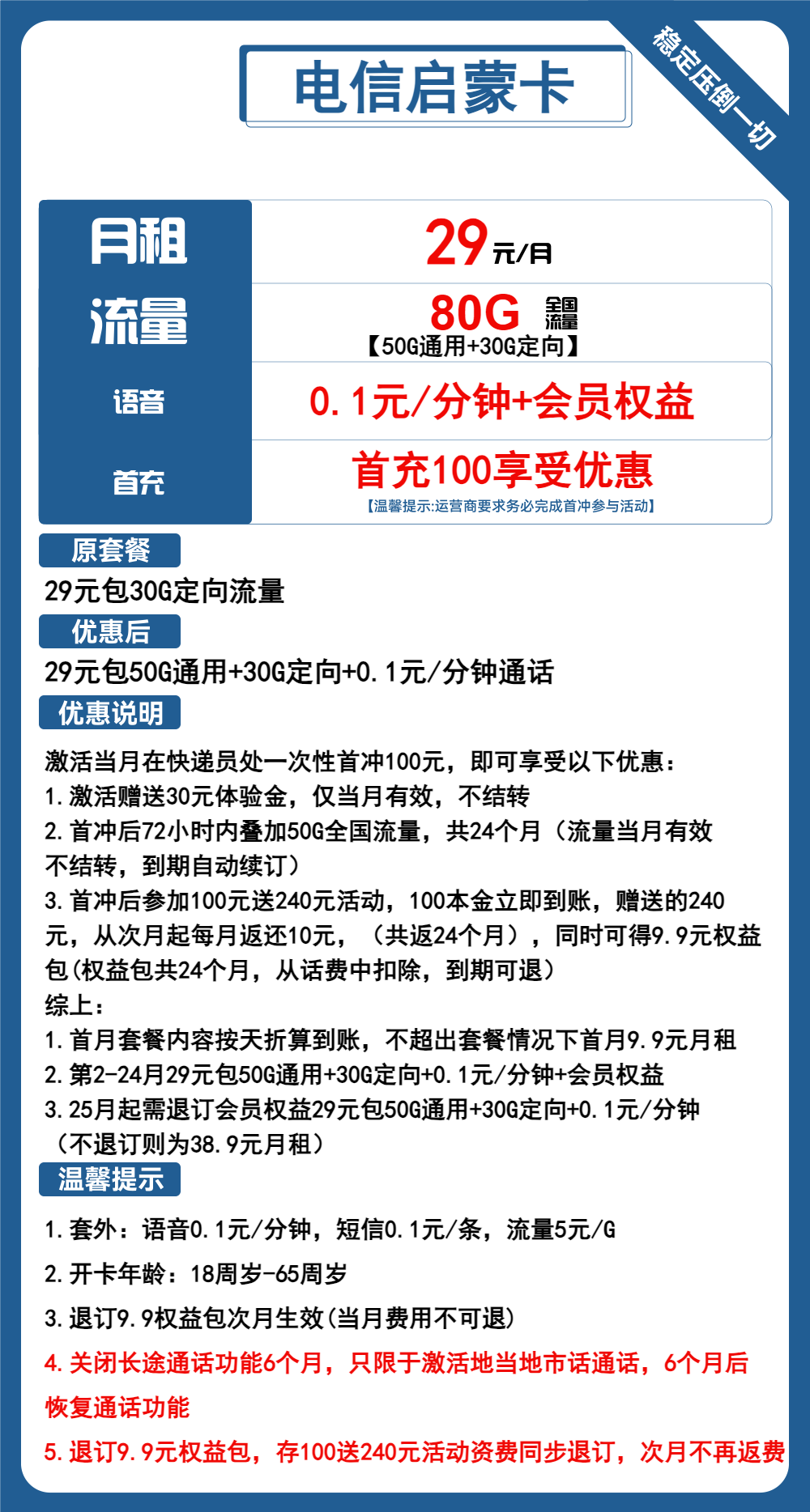 电信启蒙卡29元包50G通用+30G定向+通话0.1元/分钟+会员