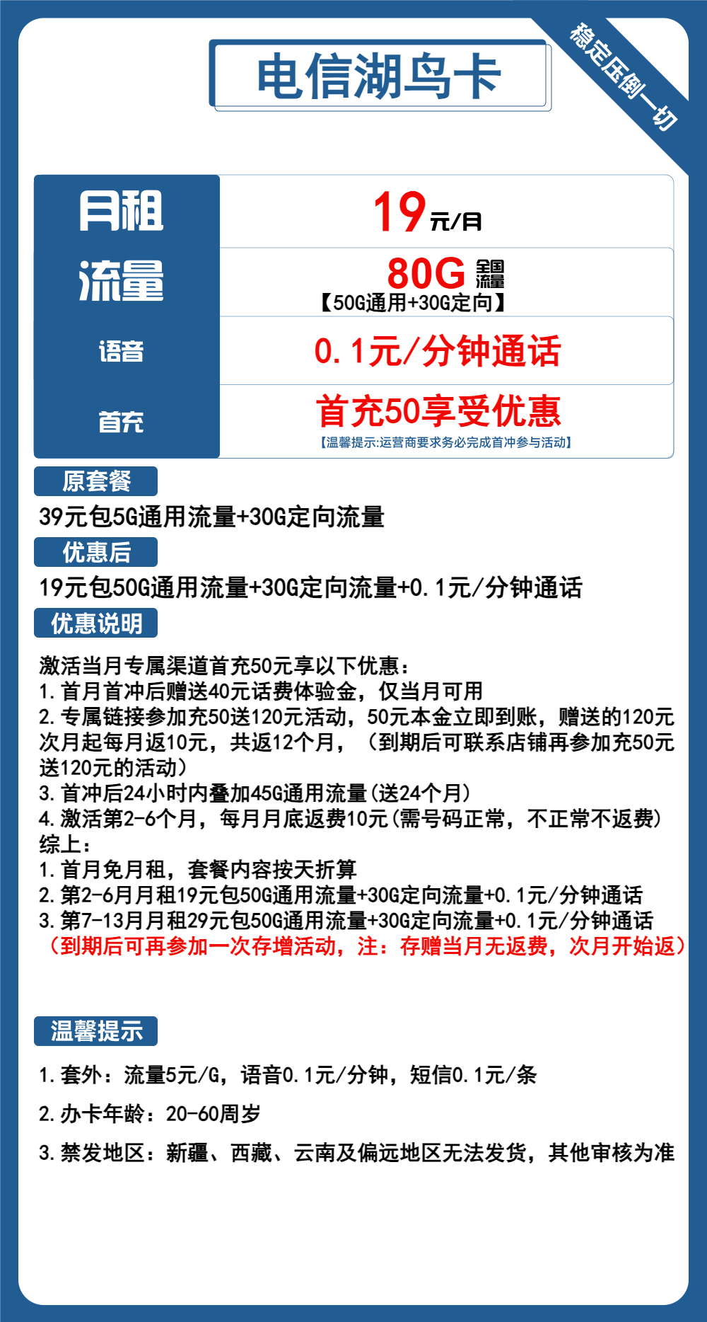 电信湖鸟卡19元包50G通用+30G定向+通话0.1元/分钟