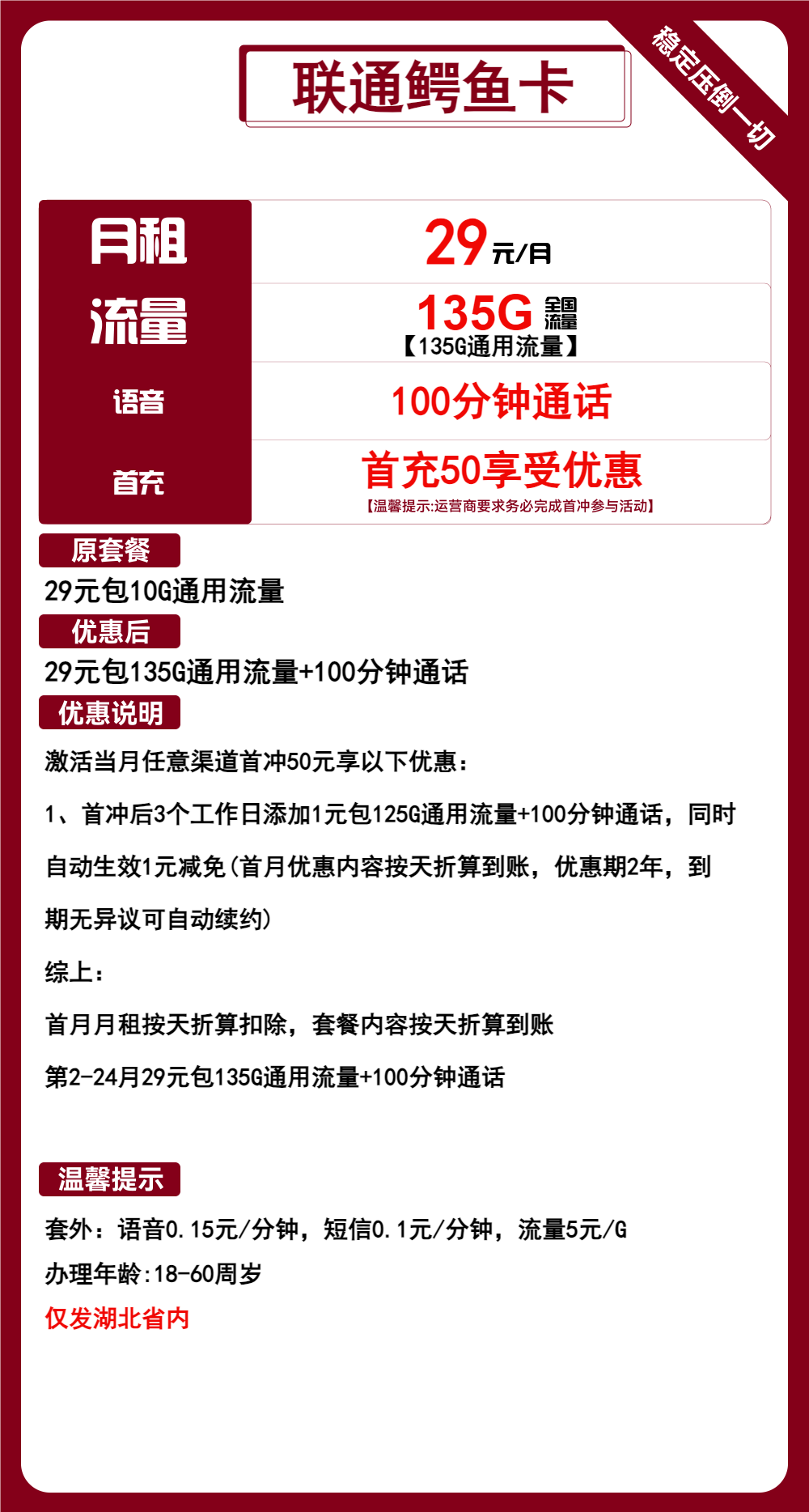 联通鳄鱼卡29元包135G通用+100分钟通话