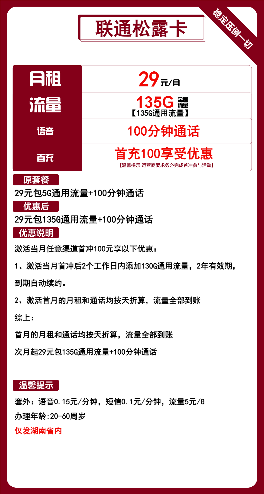 联通松露卡29元包135G通用+100分钟通话