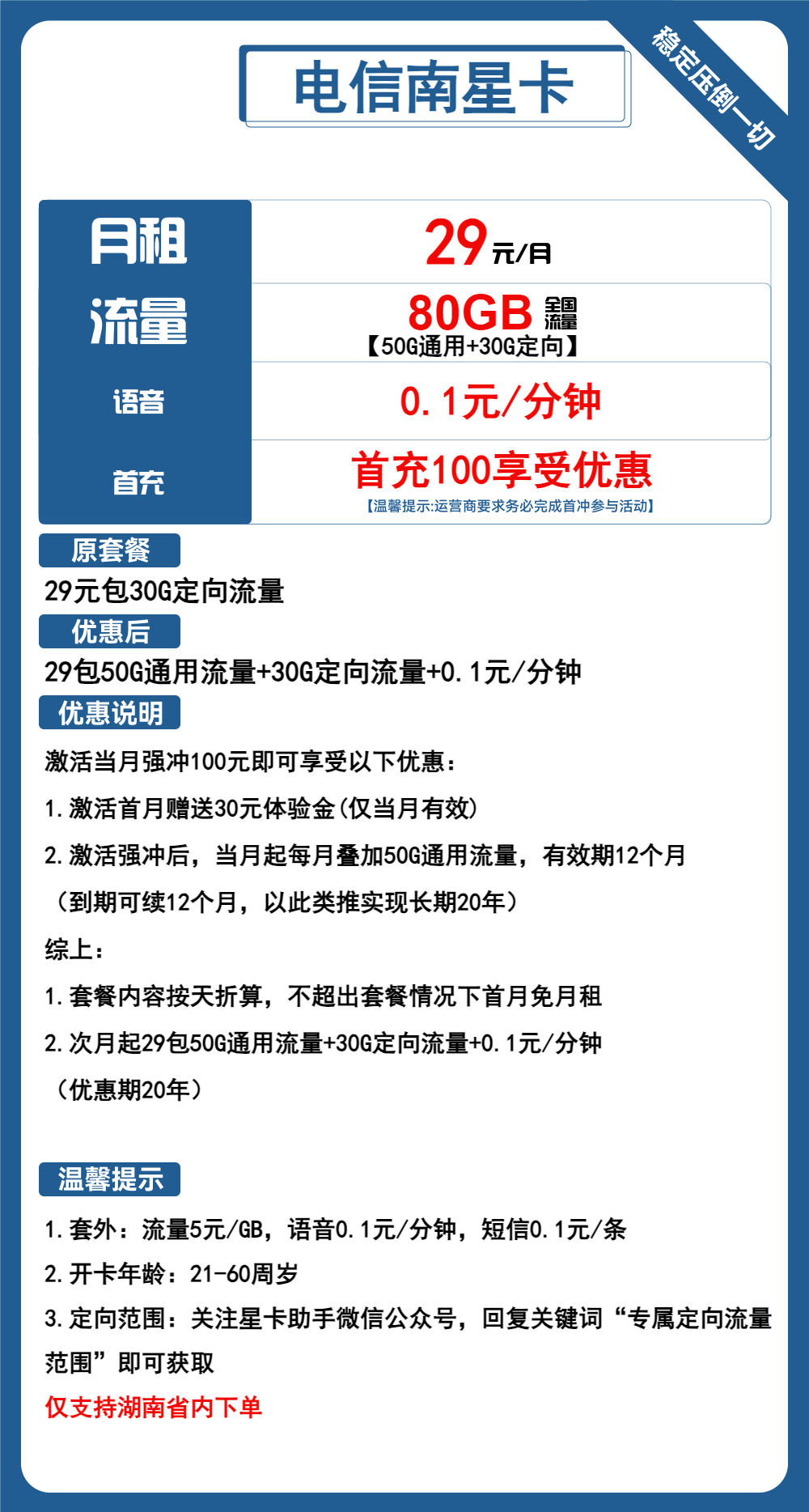 电信南星卡29元包50G通用+30G定向+通话0.1元/分钟