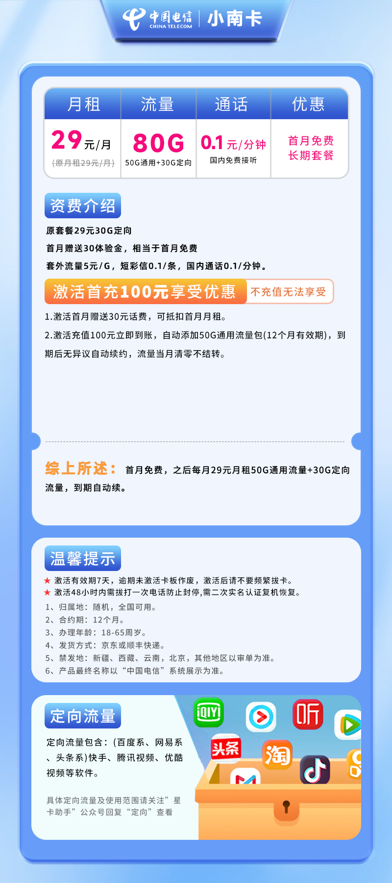 电信小南卡【湖南专属】29元80G(50G通用+30G定向)+0.1元/分钟