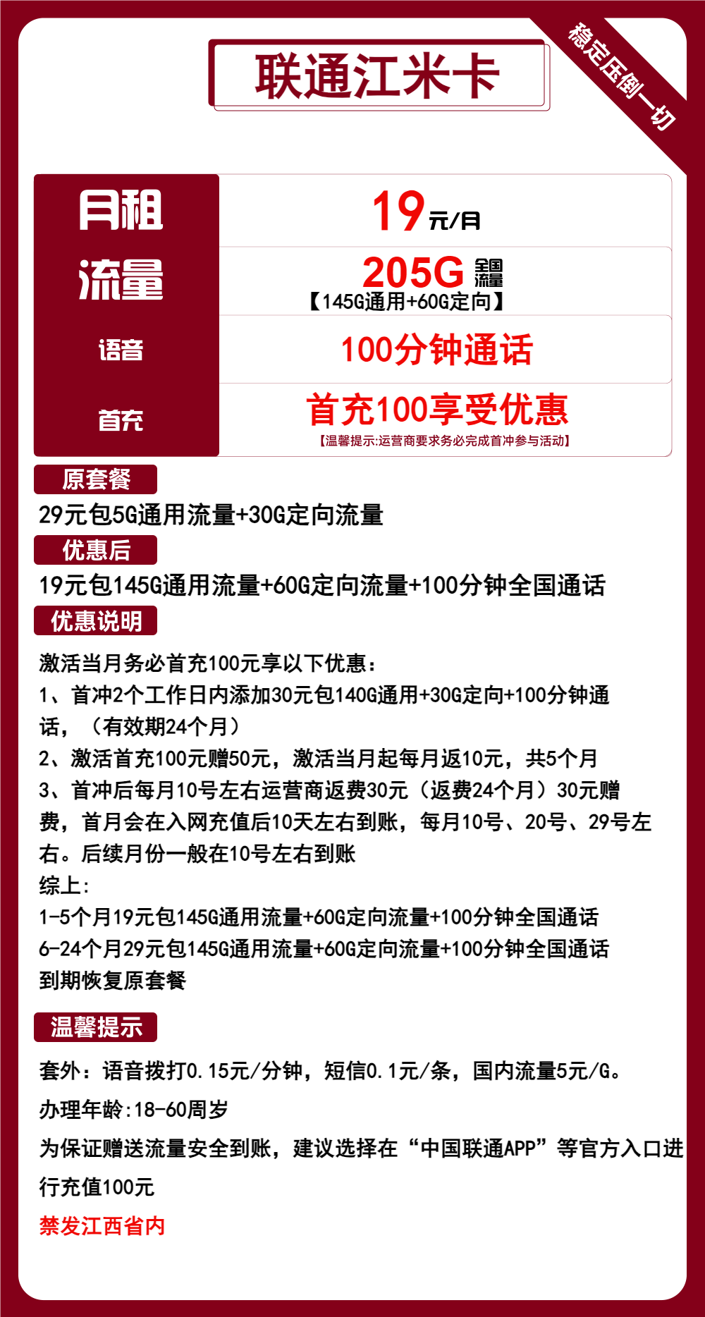 联通江米卡19元包145G通用+60G定向+100分钟通话