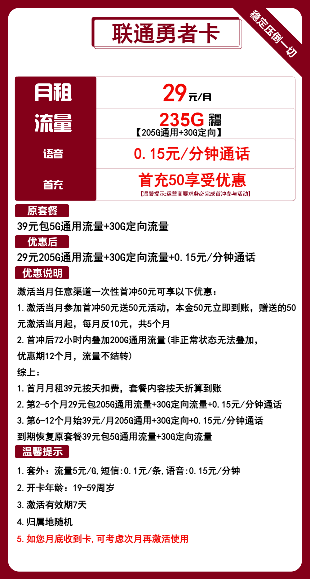 联通勇者卡29元包205G通用+30G定向+通话0.15元/分钟