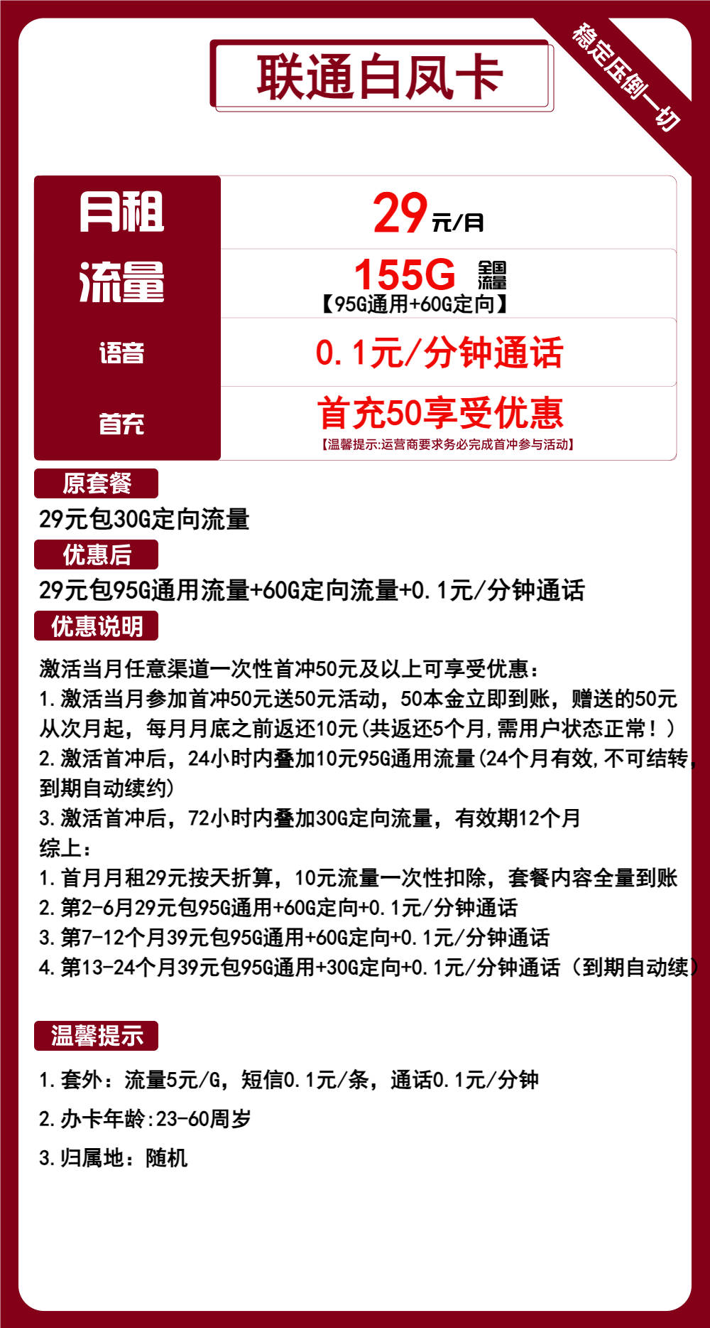 联通白凤卡29元包95G通用+60G定向+通话0.1元/分钟