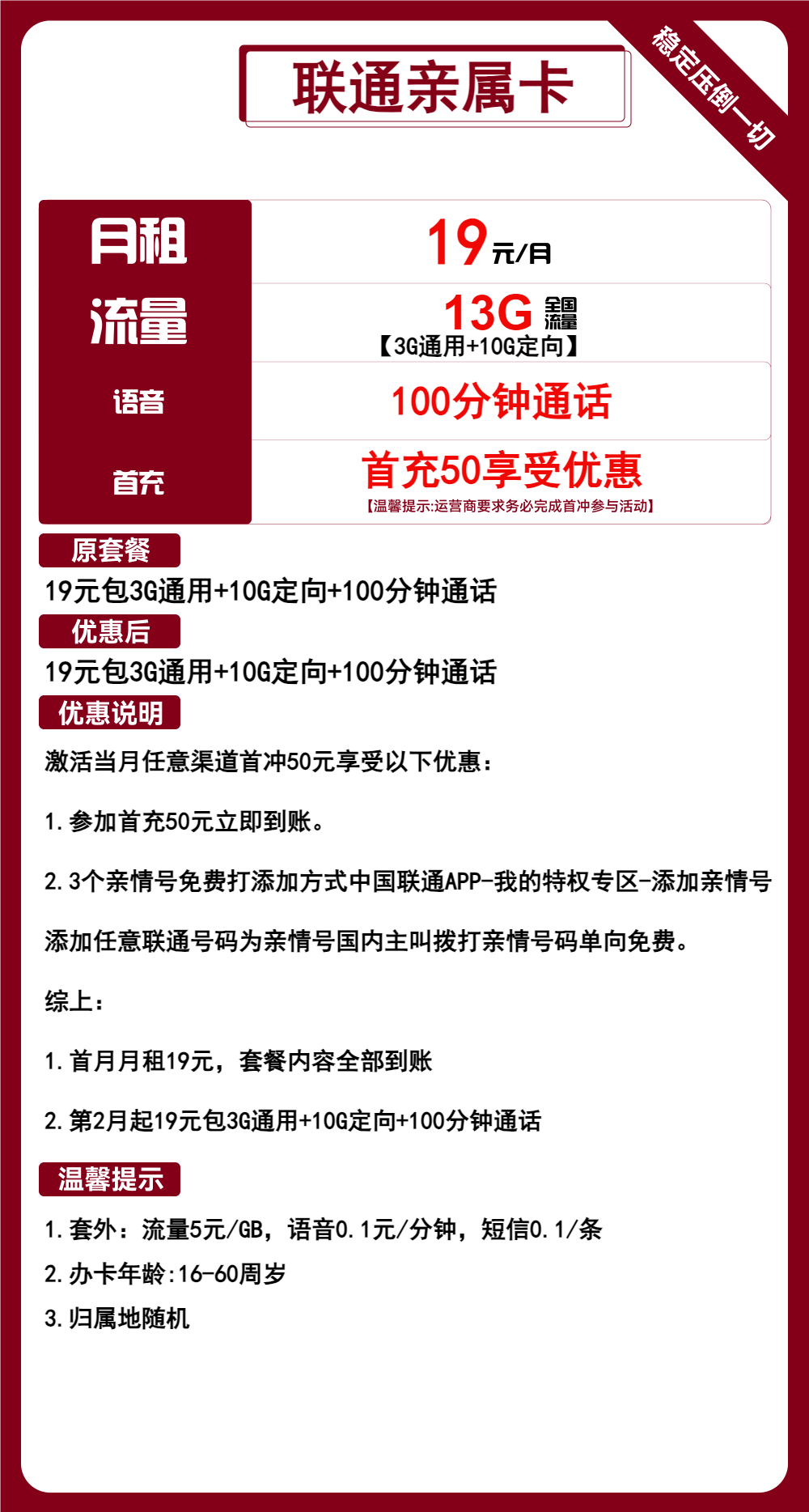 联通亲属卡19元包3G通用+10G定向+100分钟通话