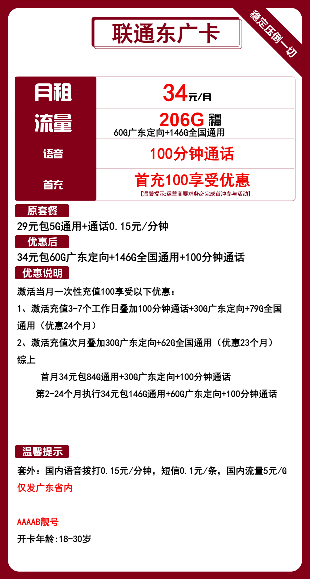 联通东广卡34元包146G通用+60G广东定向+100分钟通话