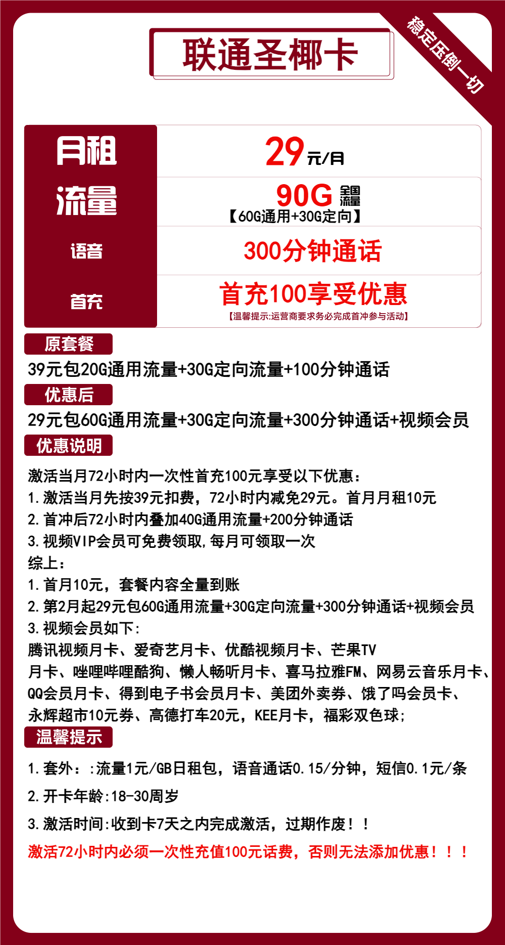 联通圣椰卡29元包60G通用+30G定向+300分钟通话+会员