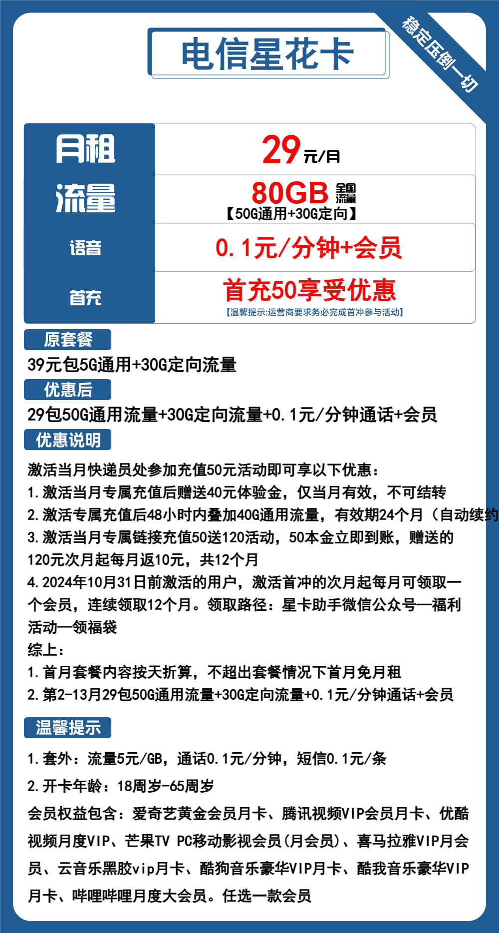 电信星花卡29元包50G通用+30G定向+通话0.1元/分钟+会员