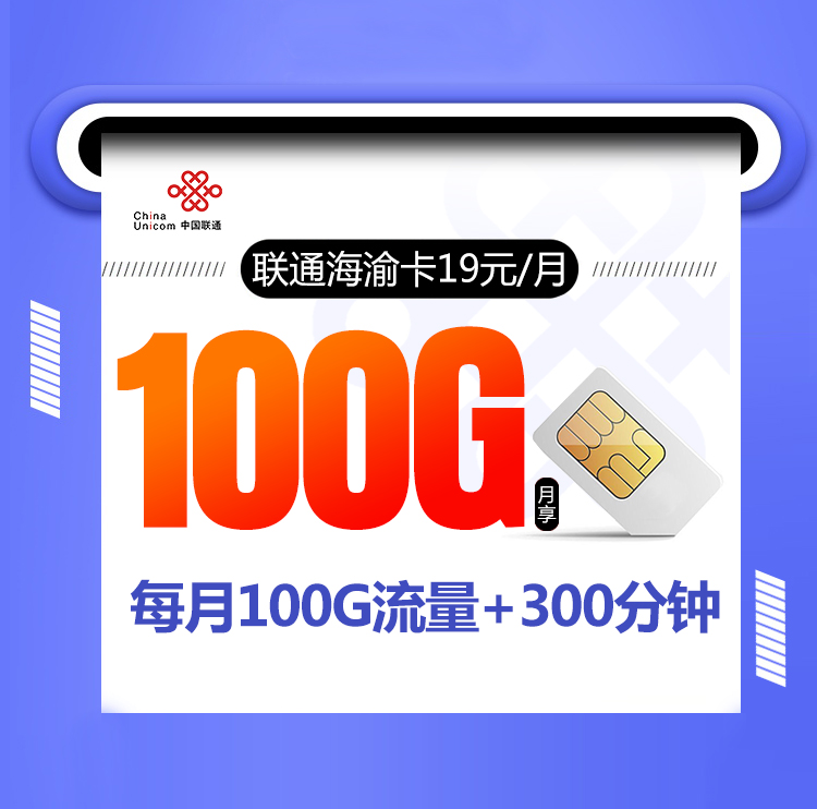 联通海渝卡【长期19元包100G+300分钟通话】