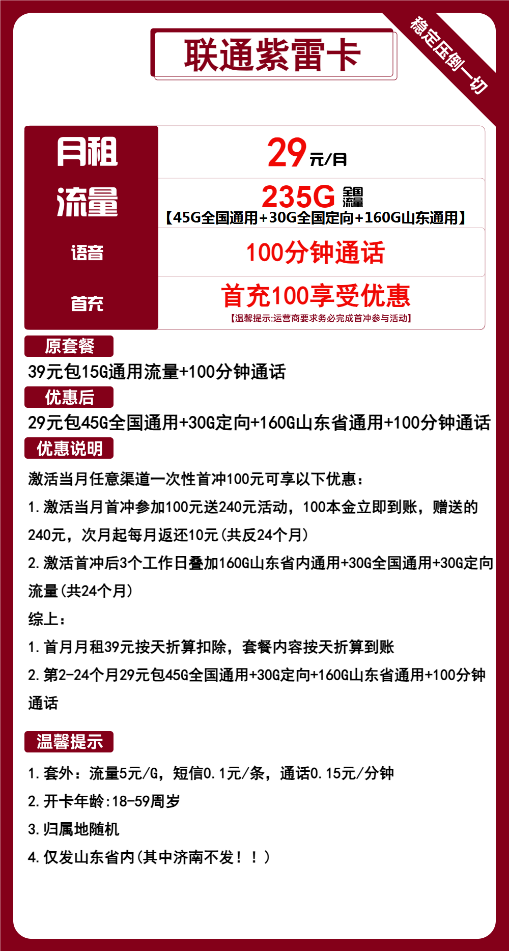 联通紫雷卡29元包45G全国通用+30G定向+160G山东通用+100分钟