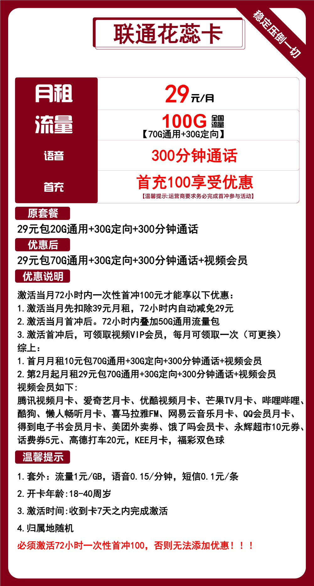 联通花蕊卡29元包70G通用+30G定向+300分钟+视频会员