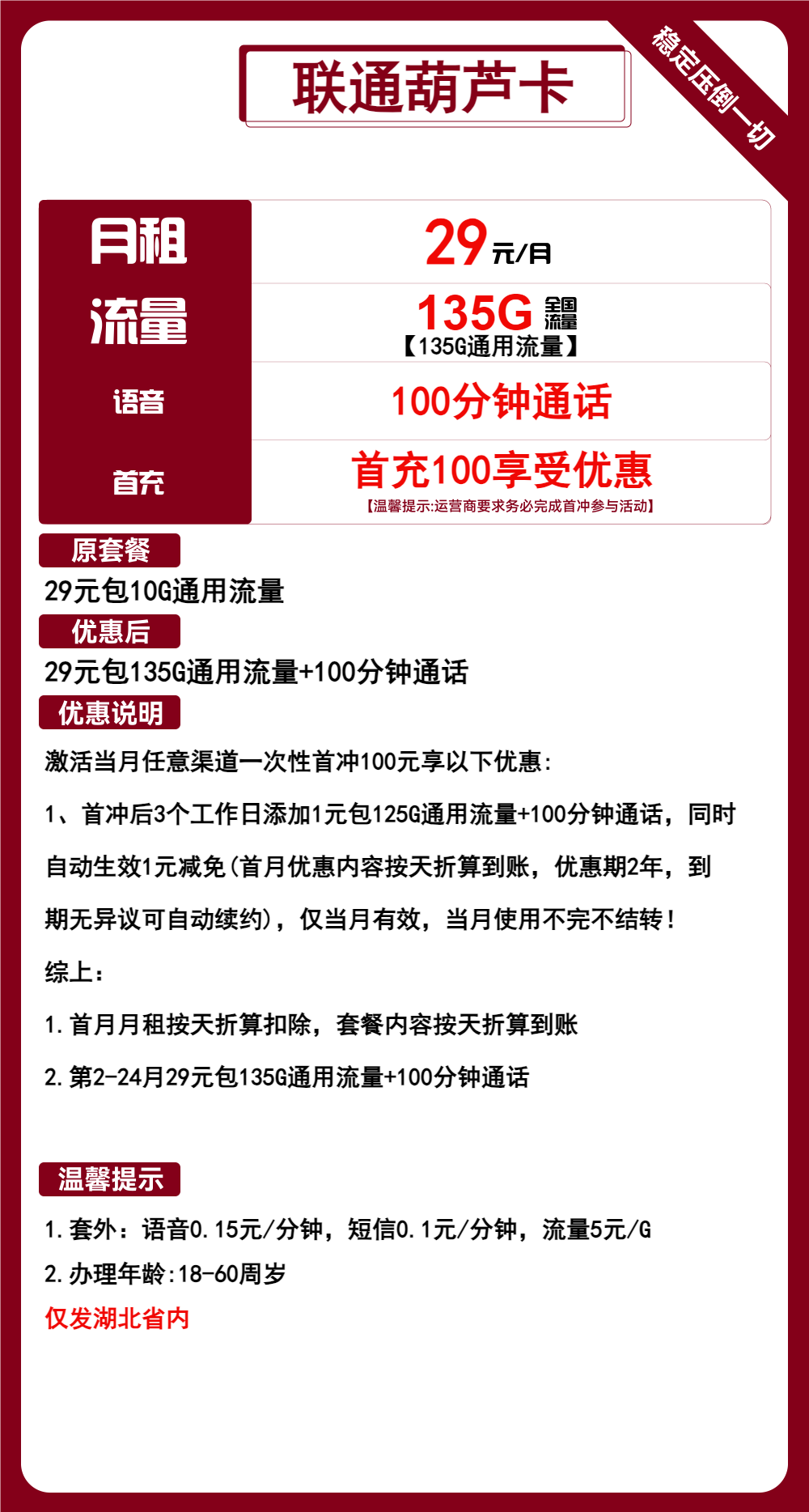 联通葫芦卡29元包135G通用+100分钟通话