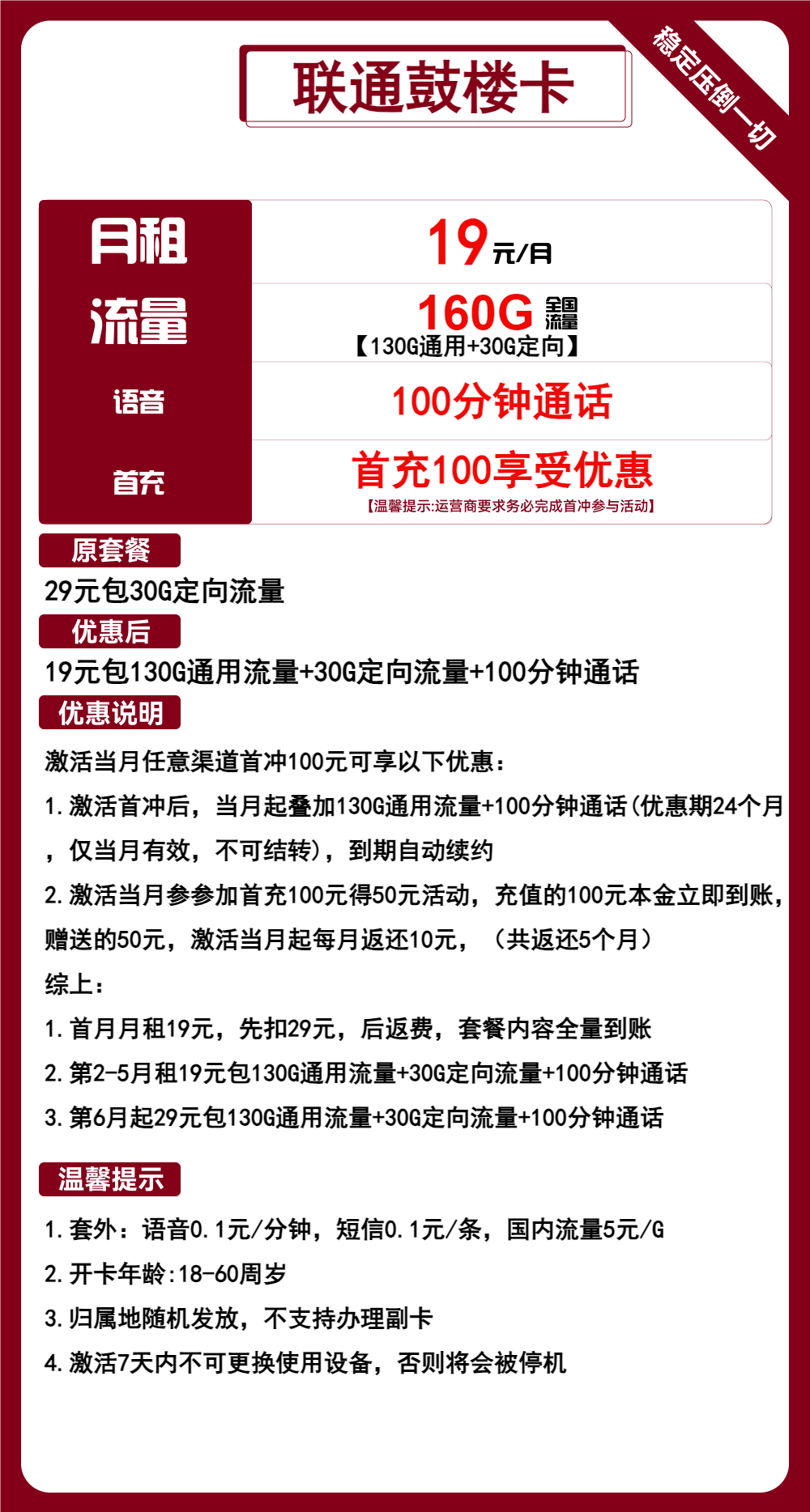联通鼓楼卡19元包130G通用+30G定向+100分钟通话