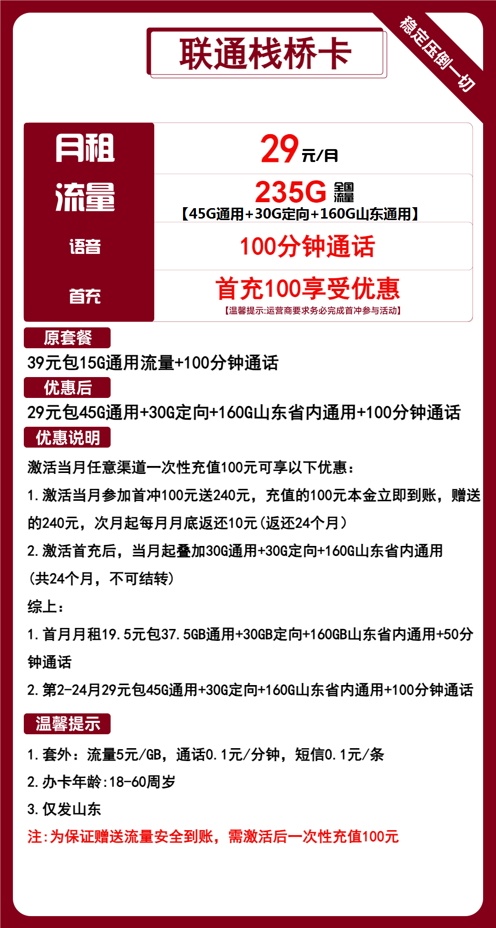 联通栈桥卡29元包45G全国通用+30G定向+160G山东通用+100分钟