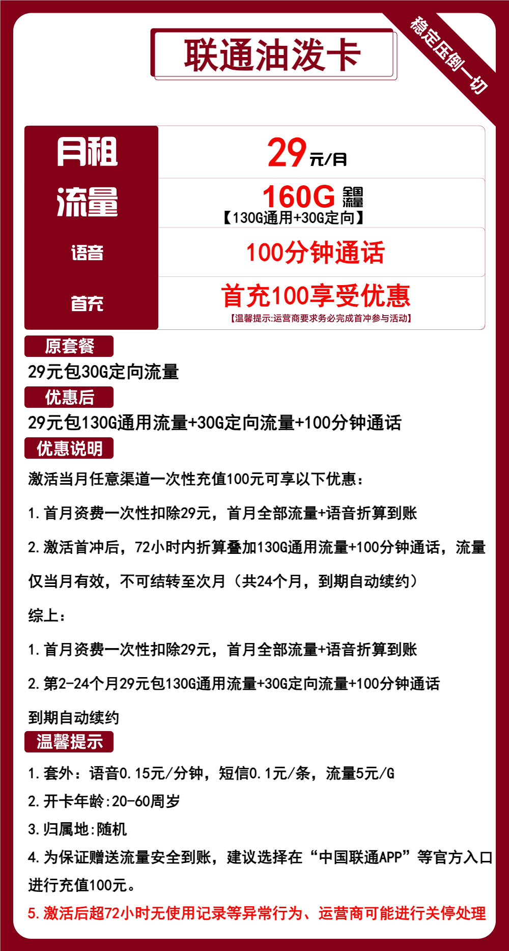 联通油泼卡29元包130G通用+30G定向+100分钟通话