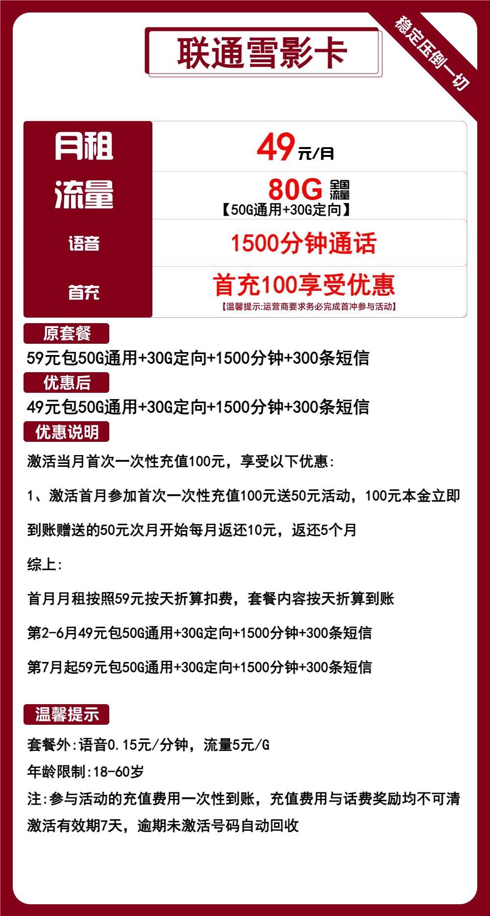 联通雪影卡49元包50G通用+30G定向+1500分钟通话+300条短信