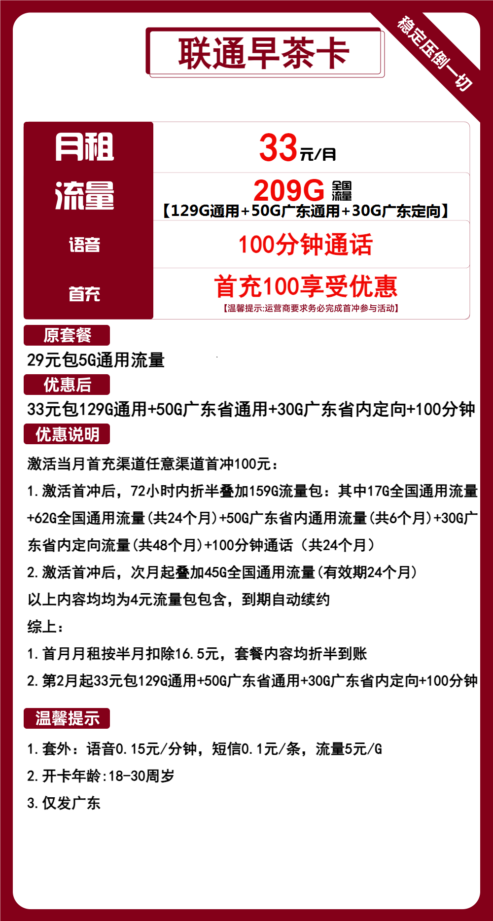 联通早茶卡33元包179G通用+30G定向+100分钟通话