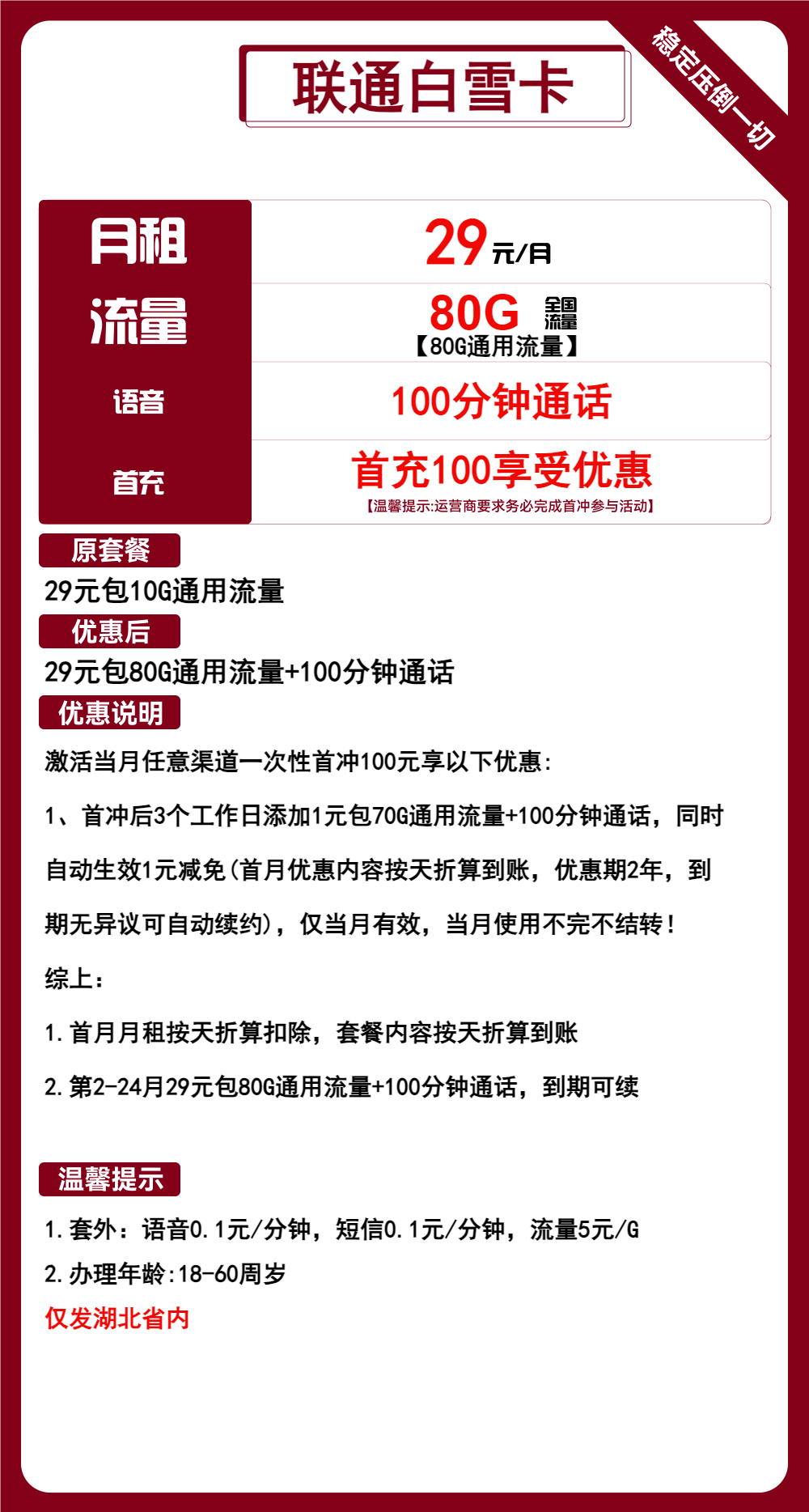 联通白雪卡29元包80G通用+100分钟通话