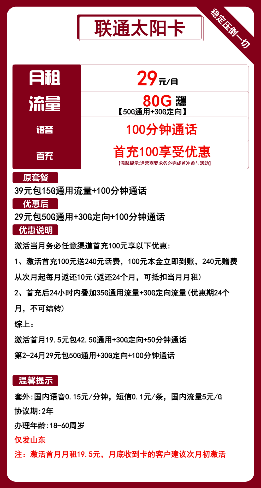 联通太阳卡29元包50G通用+30G定向+100分钟通话