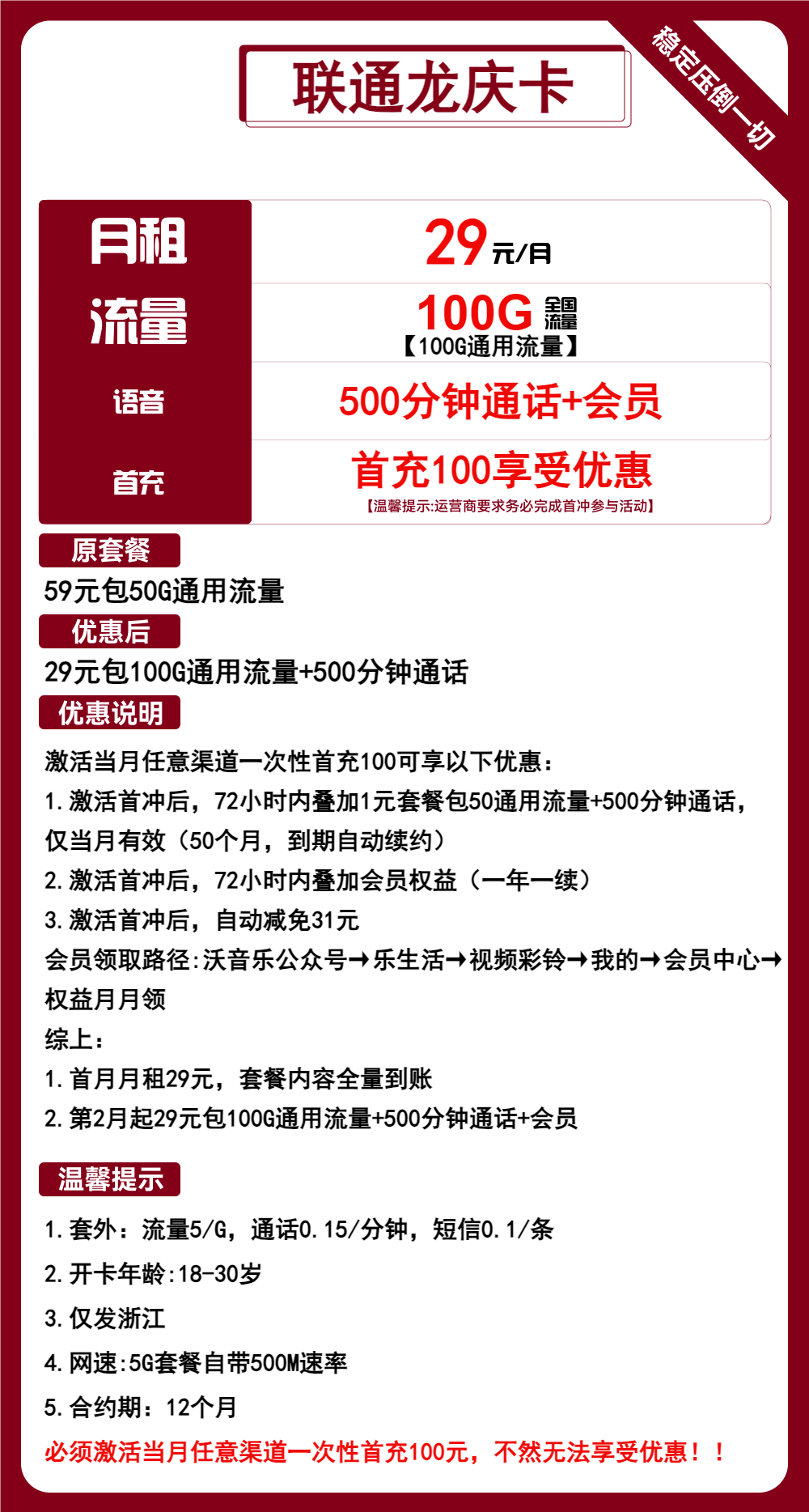 联通龙庆卡29元包100G通用+500分钟通话+会员