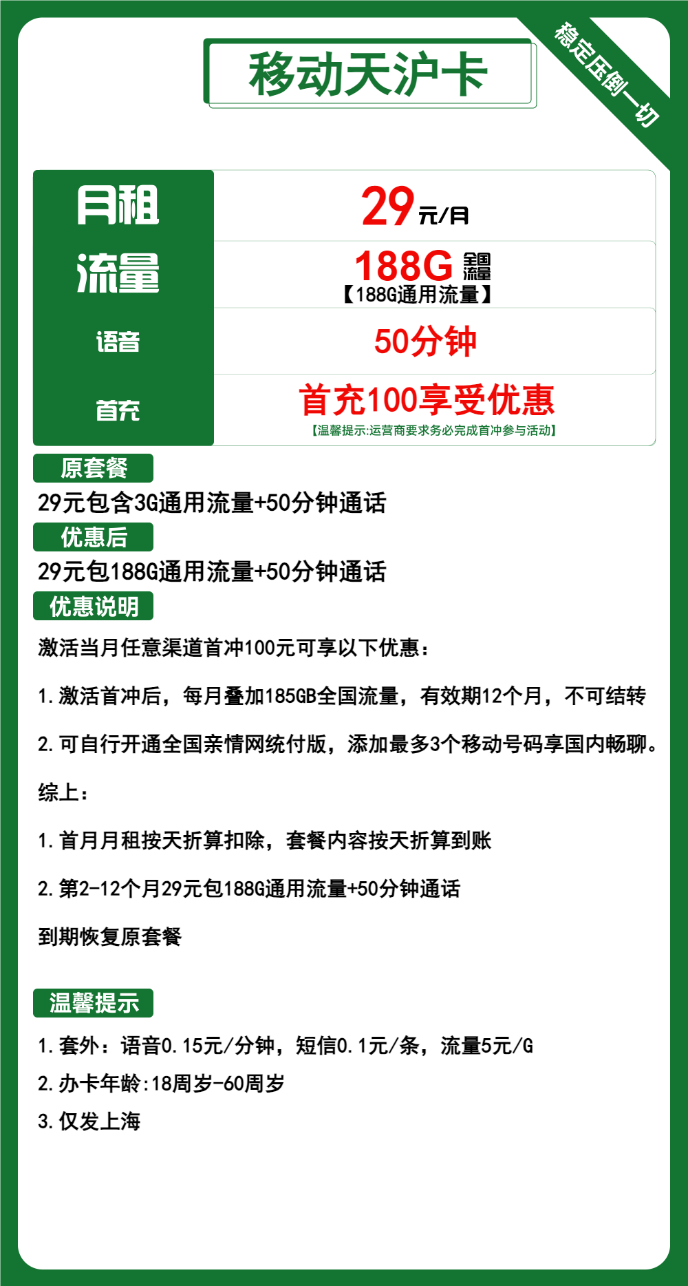 移动天沪卡29元包188G通用+50分钟通话