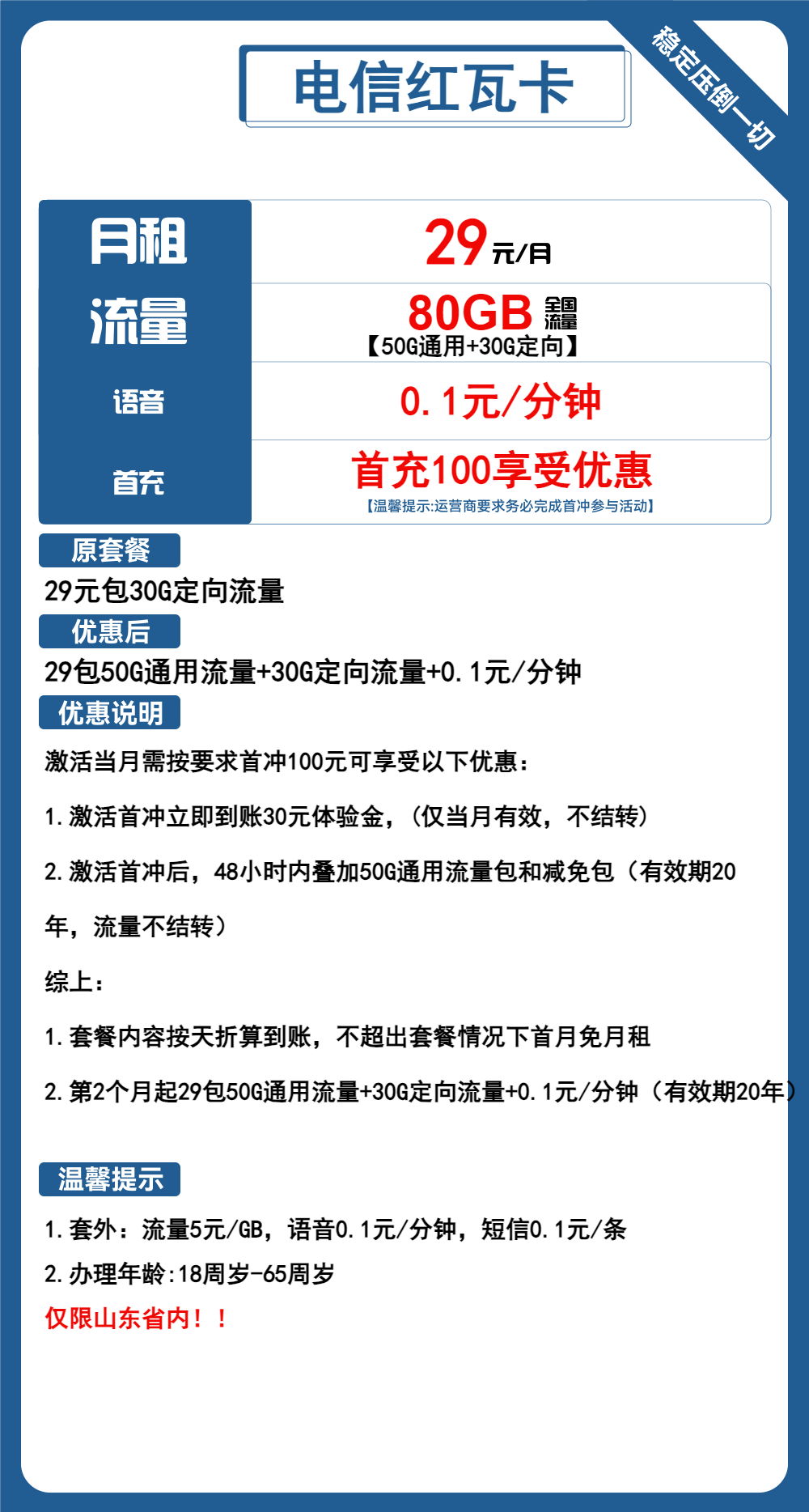 电信红瓦卡29元包50G通用+30G定向+通话0.1元/分钟
