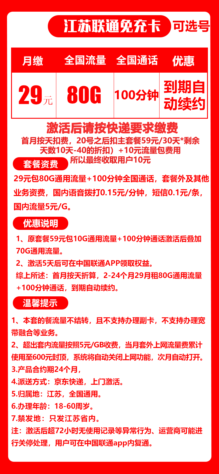 江苏省内联通免充卡丨29元80G+100分钟