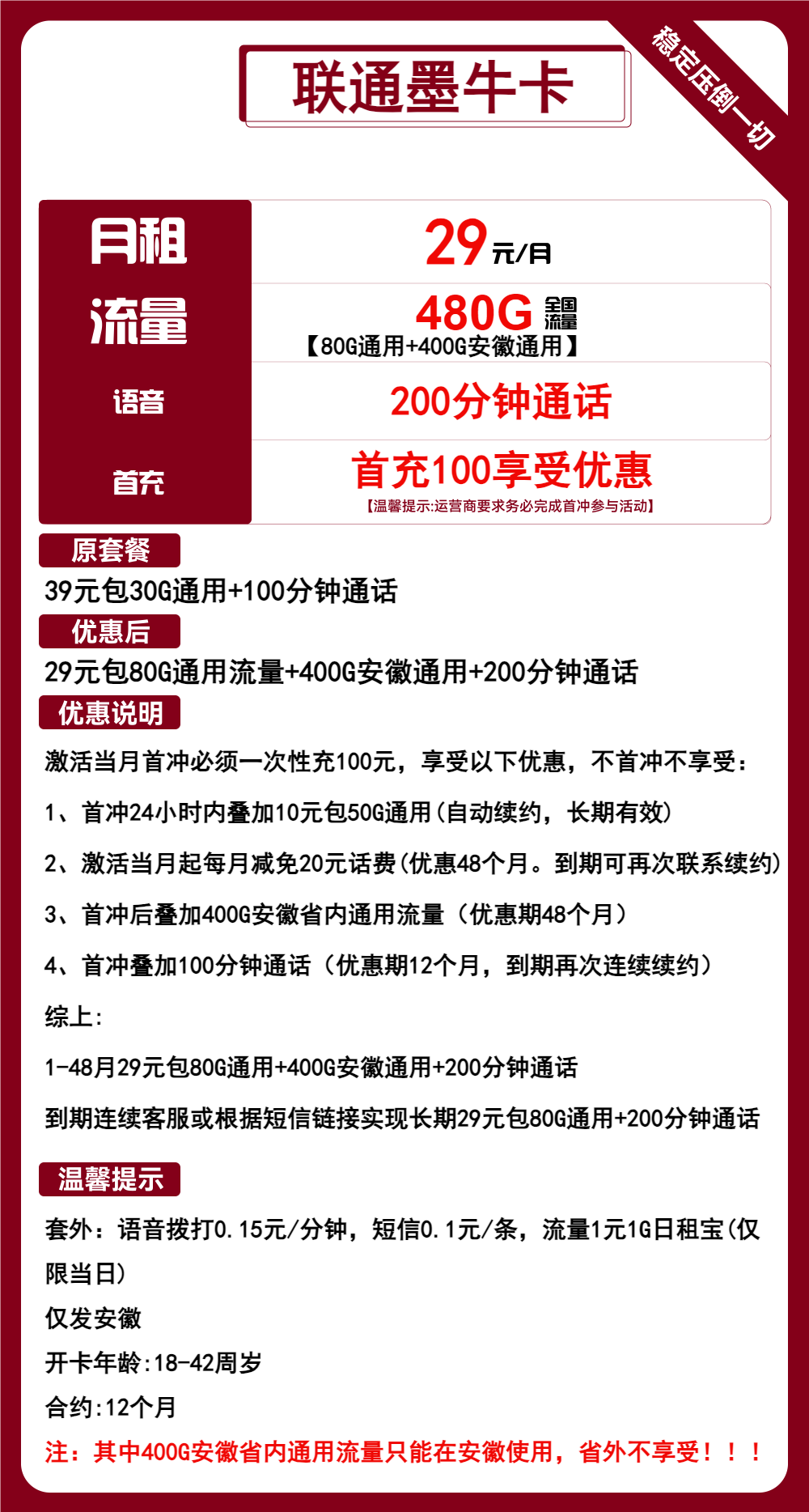 联通墨牛卡29元包80G通用+400G安徽通用+200分钟