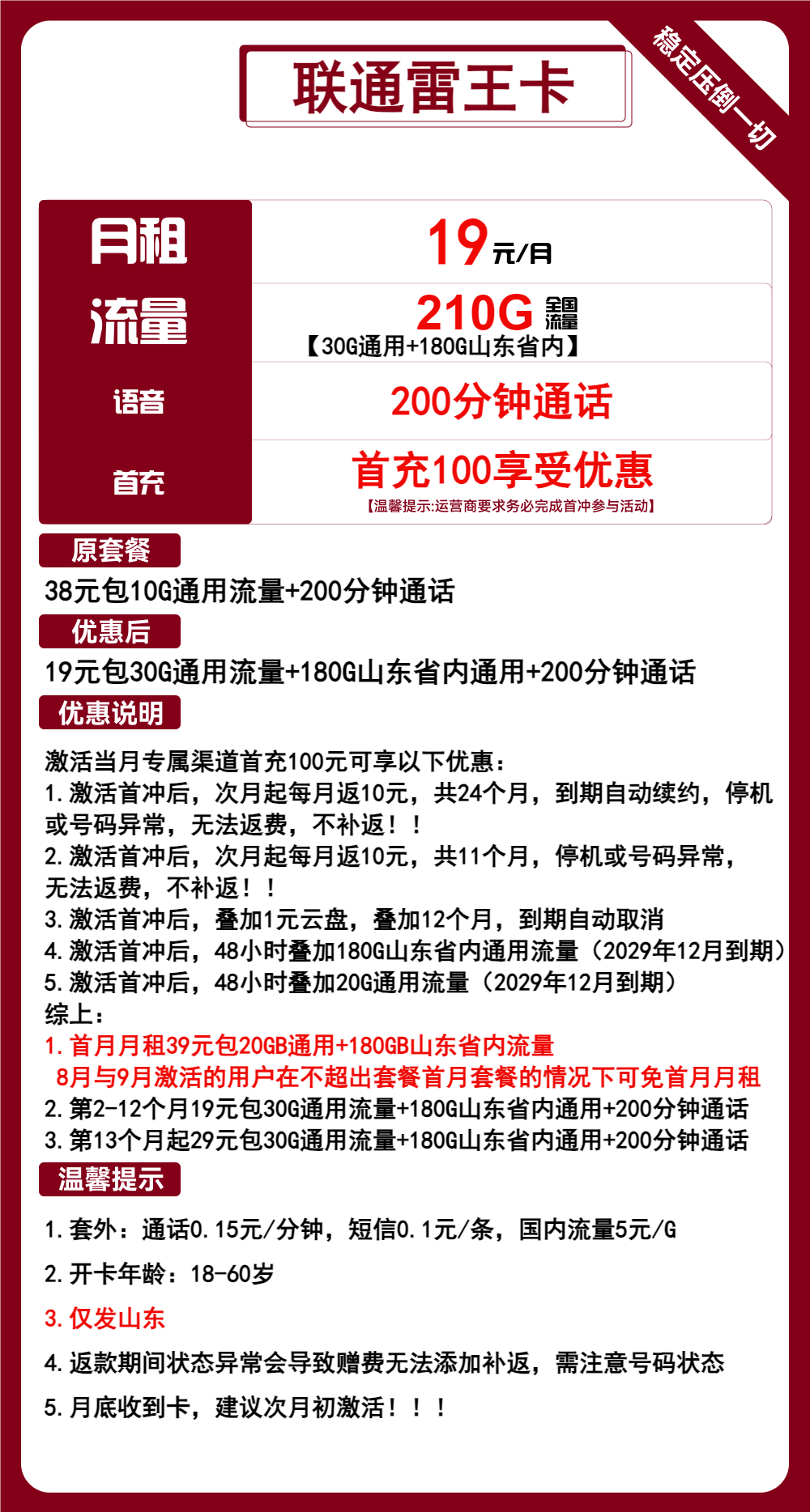 联通雷王卡19元包30G通用+180G山东+200分钟通话