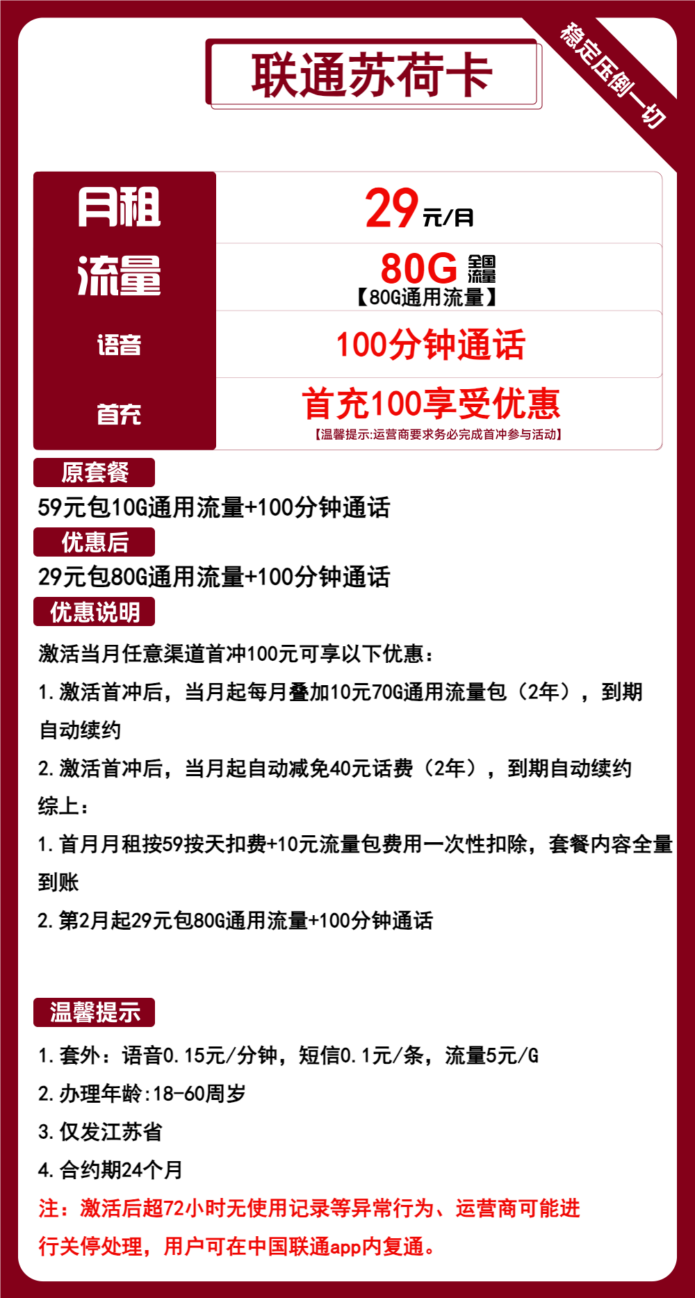 联通苏荷卡29元包80G通用+100分钟通话