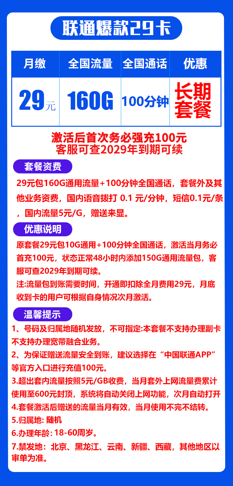 联通爆款29元卡丨160GB+100分钟（自主激活，长期套餐）