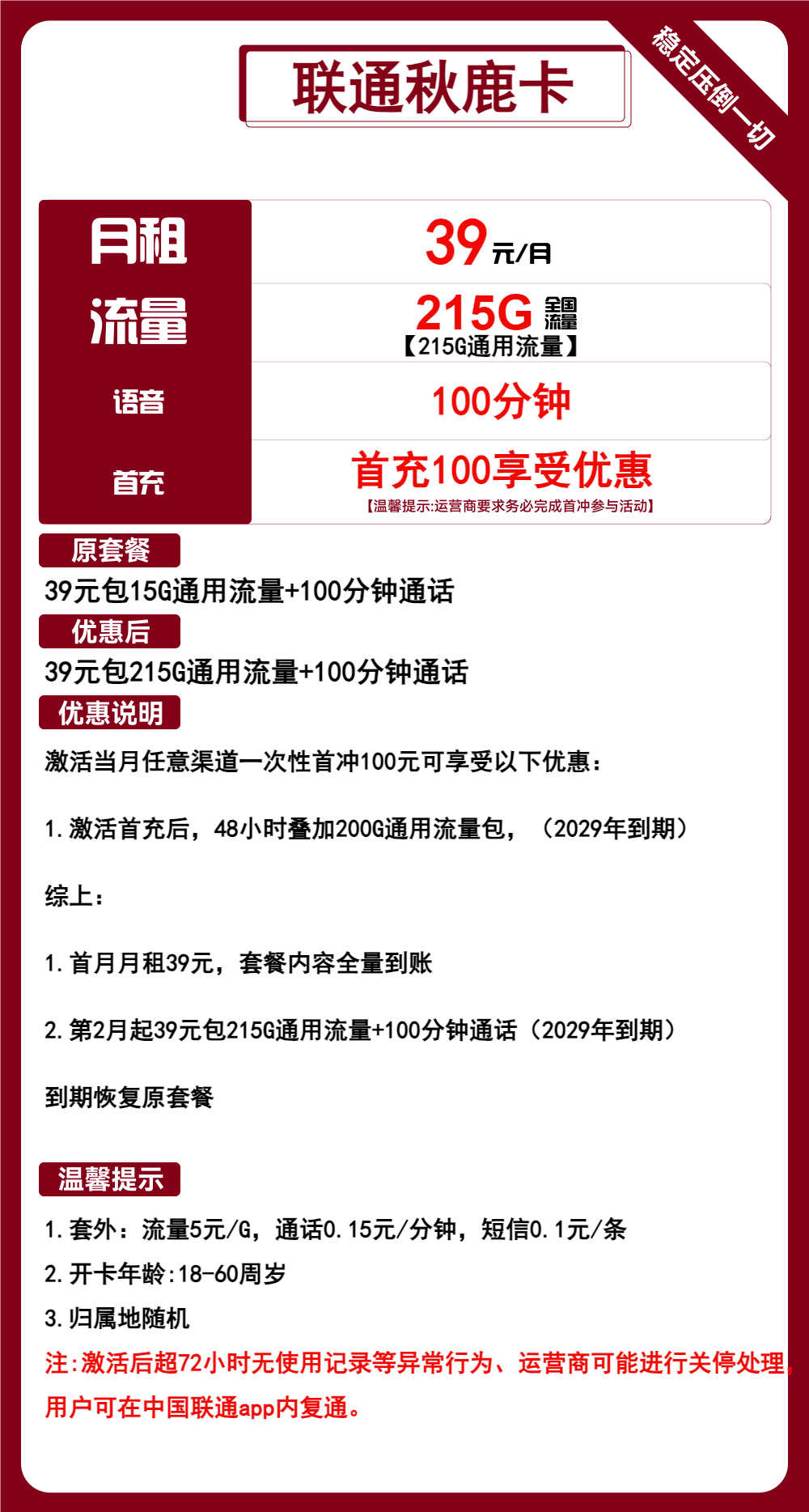 联通秋鹿卡39元包包215G通用+100分钟通话