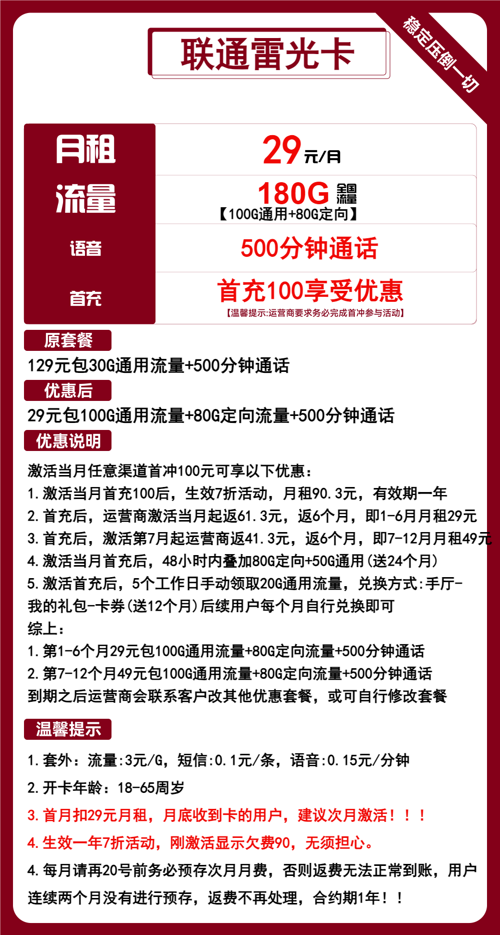 联通雷光卡29元包100G通用+80G定向+500分钟通话