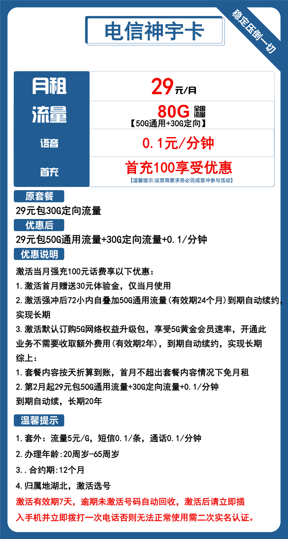 电信神宇卡29元包50G通用+30G定向+通话0.1元/分钟