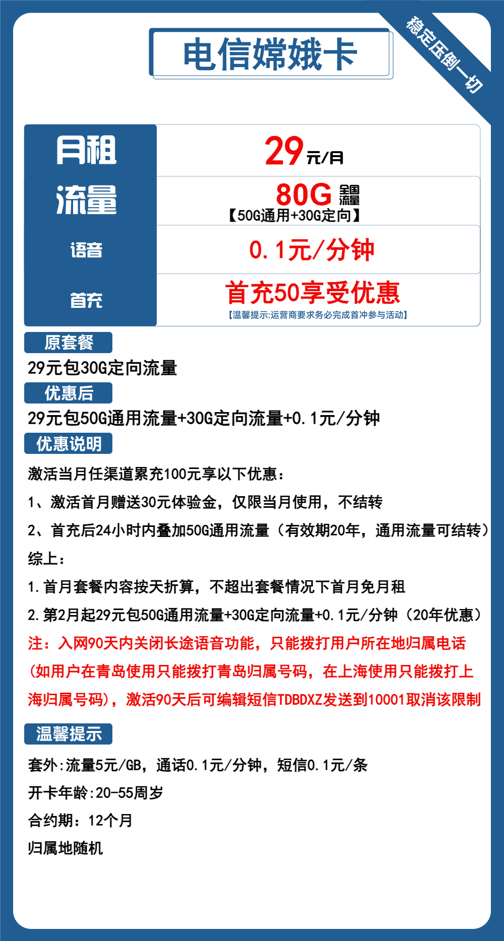 电信嫦娥卡29元包50G通用+30G定向+通话0.1元/分钟