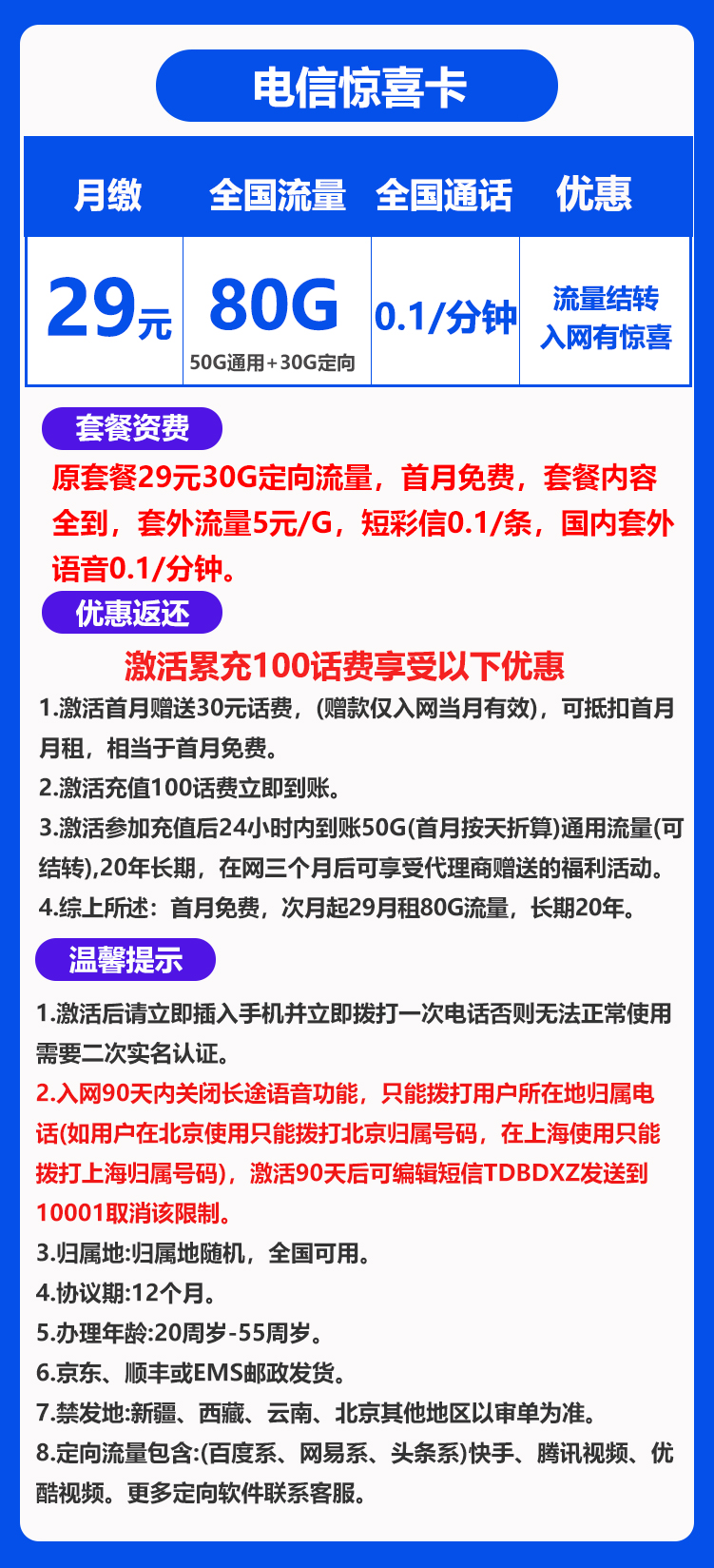 电信惊喜卡丨29元80G+0.1元/分钟(流量结转，长期套餐)