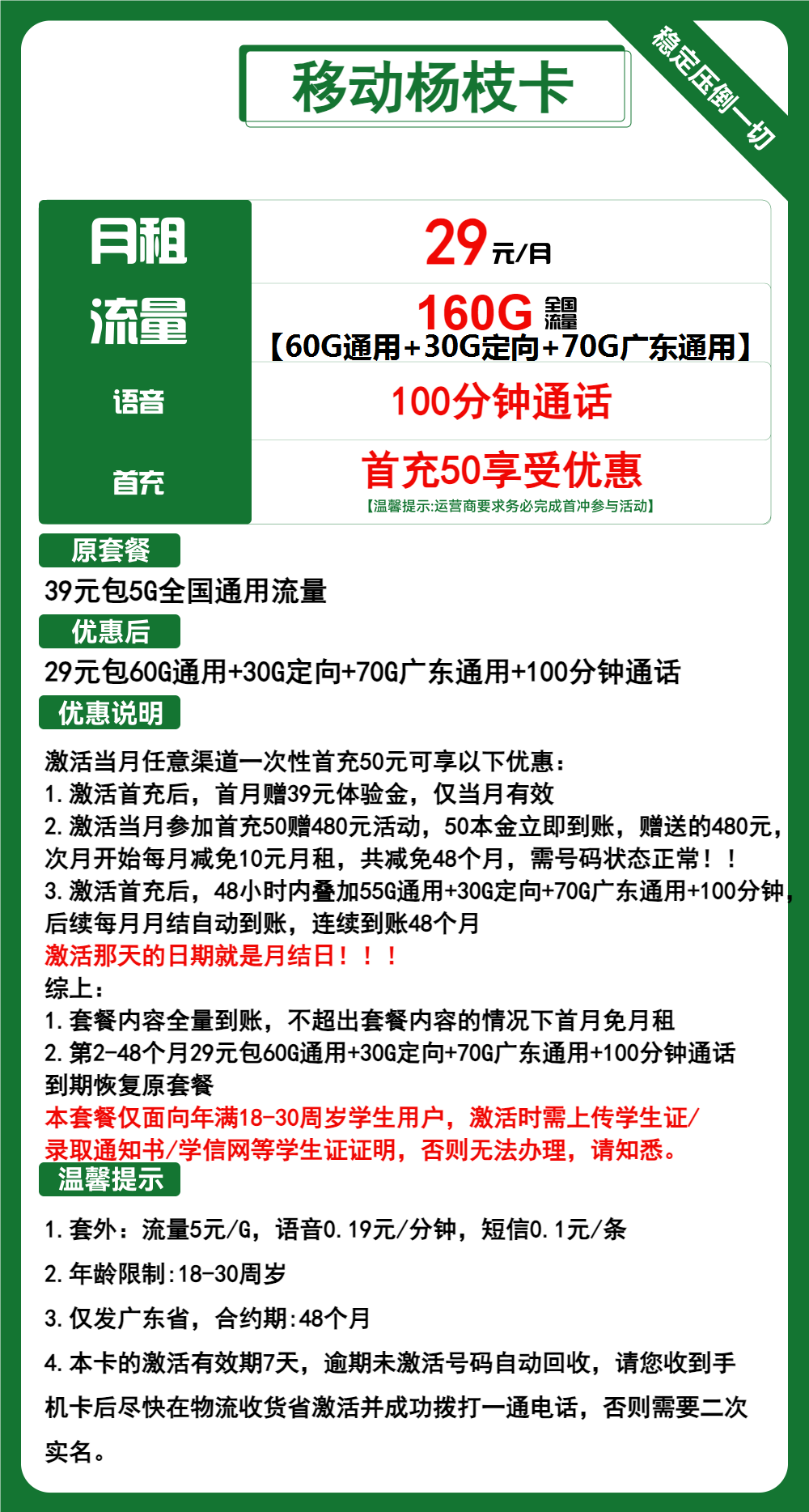 移动杨枝卡29元包130G通用+60G定向+100分钟