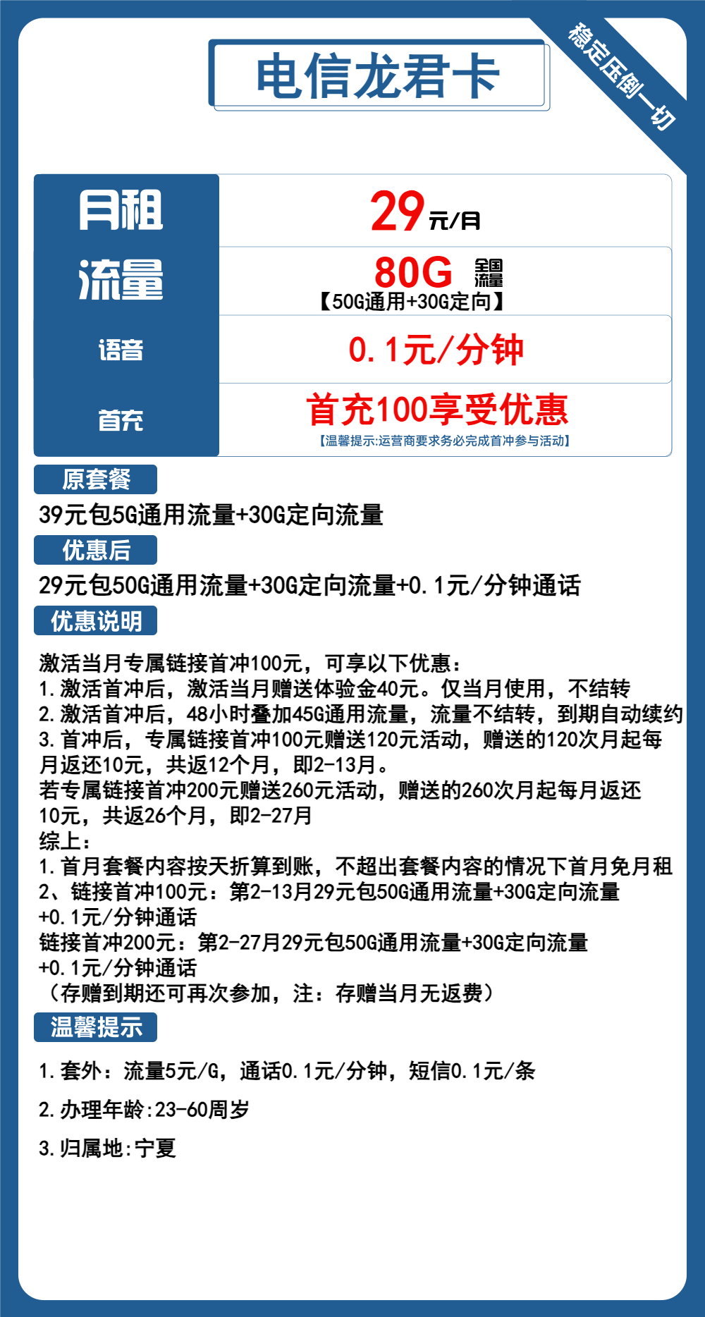 电信龙君卡29元包50G通用+30G定向+通话0.1元/分钟