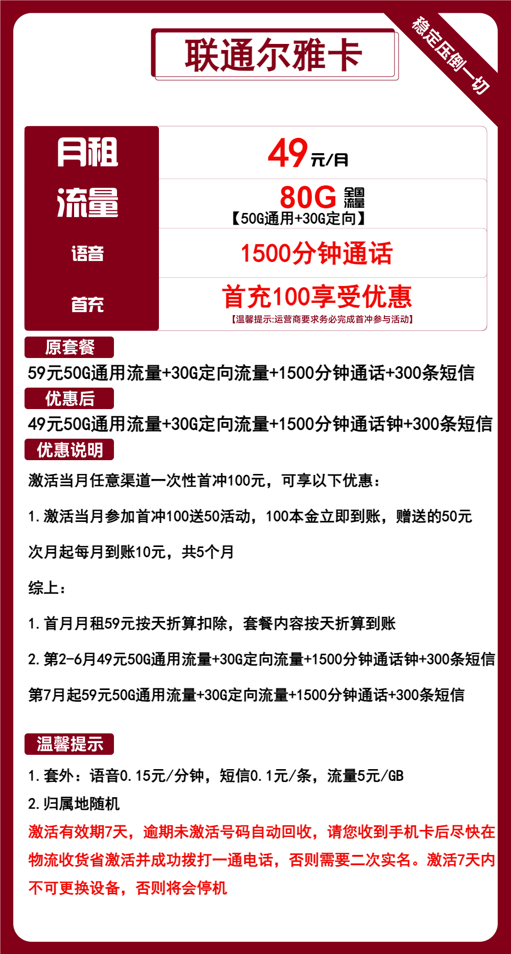联通尔雅卡49元包50G通用+30G定向+1500分钟通话