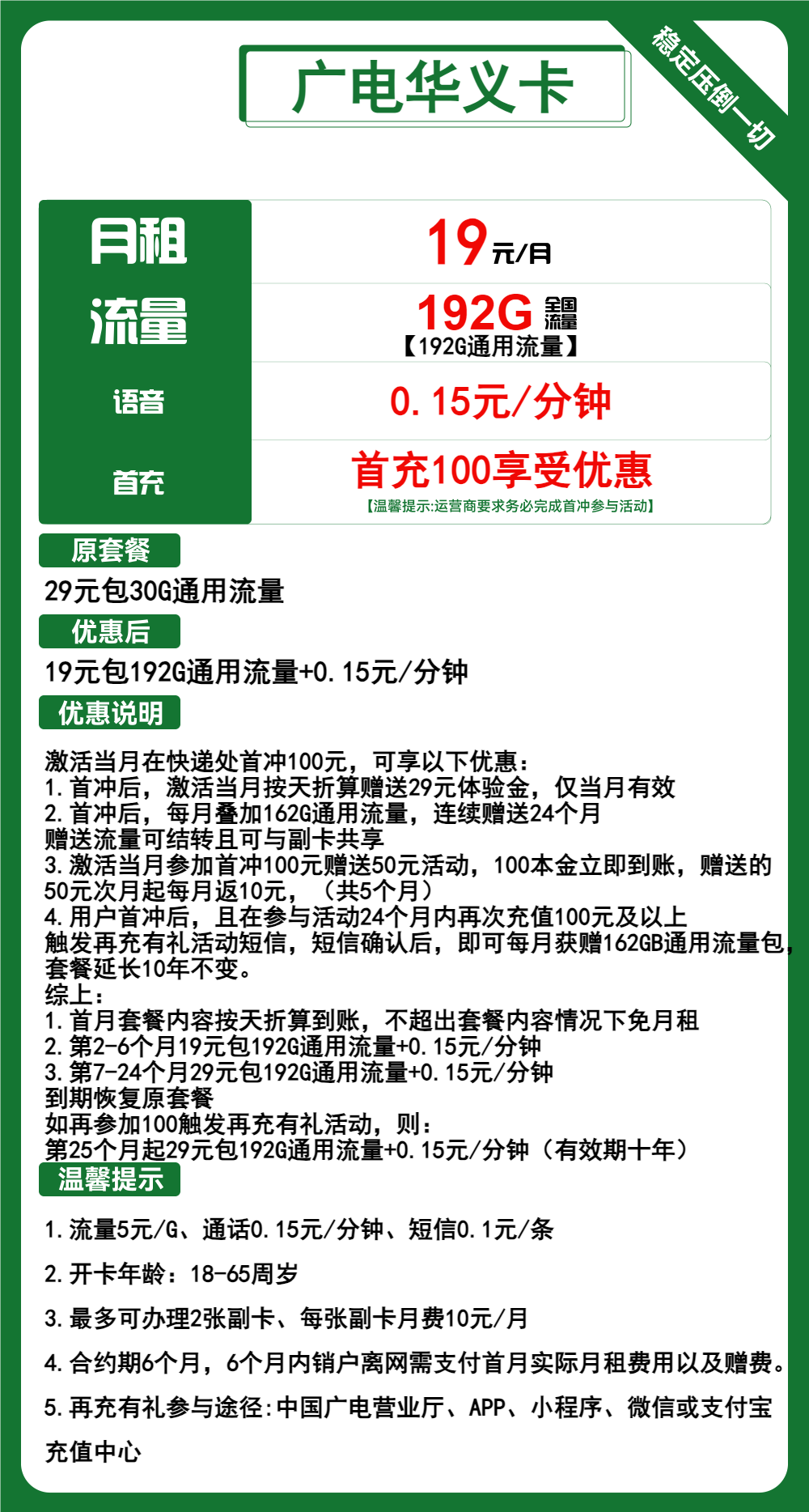 广电华义卡19元包192G通用+通话0.15元/分钟