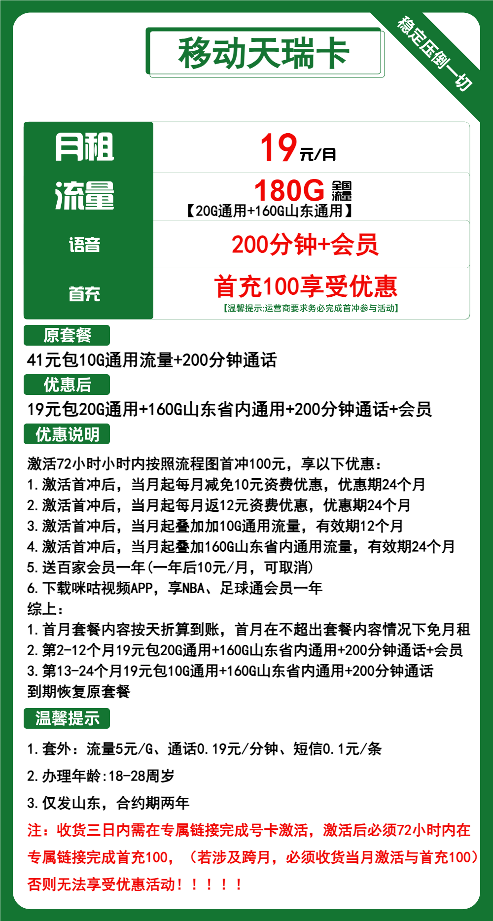 移动天睿卡19元包20G全国通用+160G山东通用+200分钟+会员