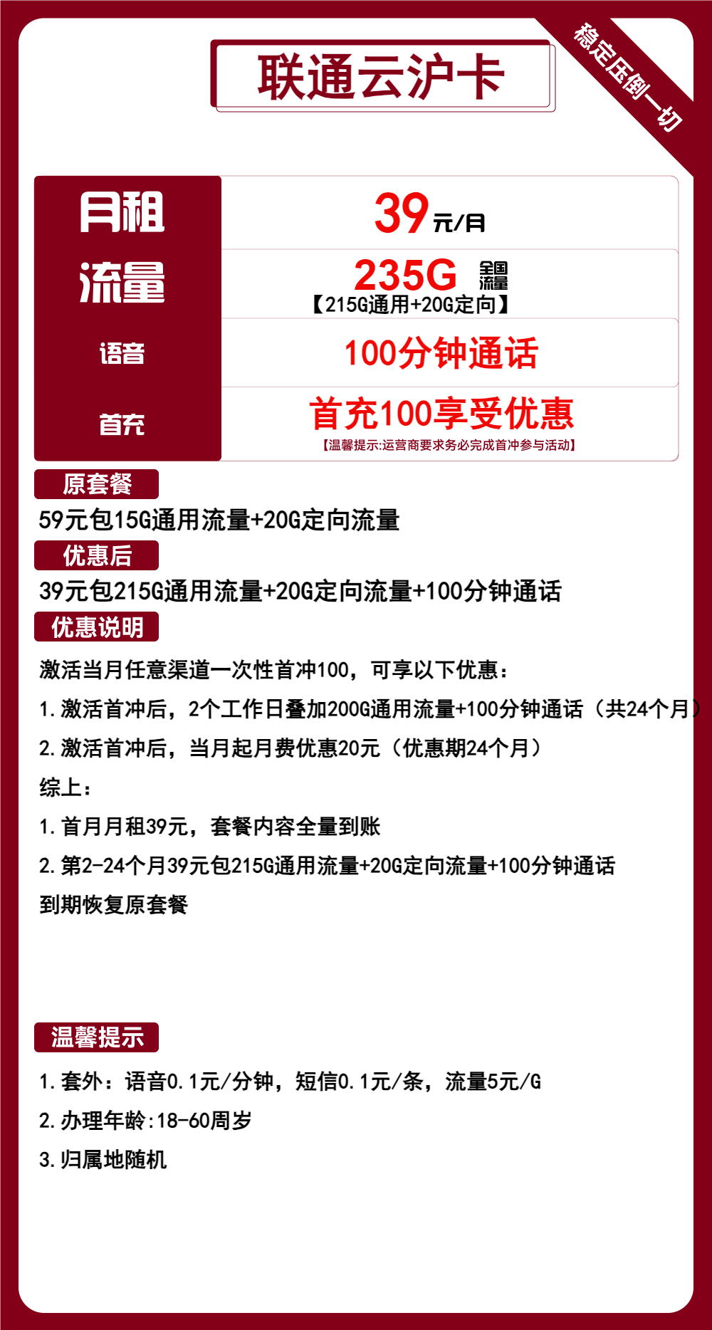 联通云沪卡39元包215G通用+20G定向+100分钟通话