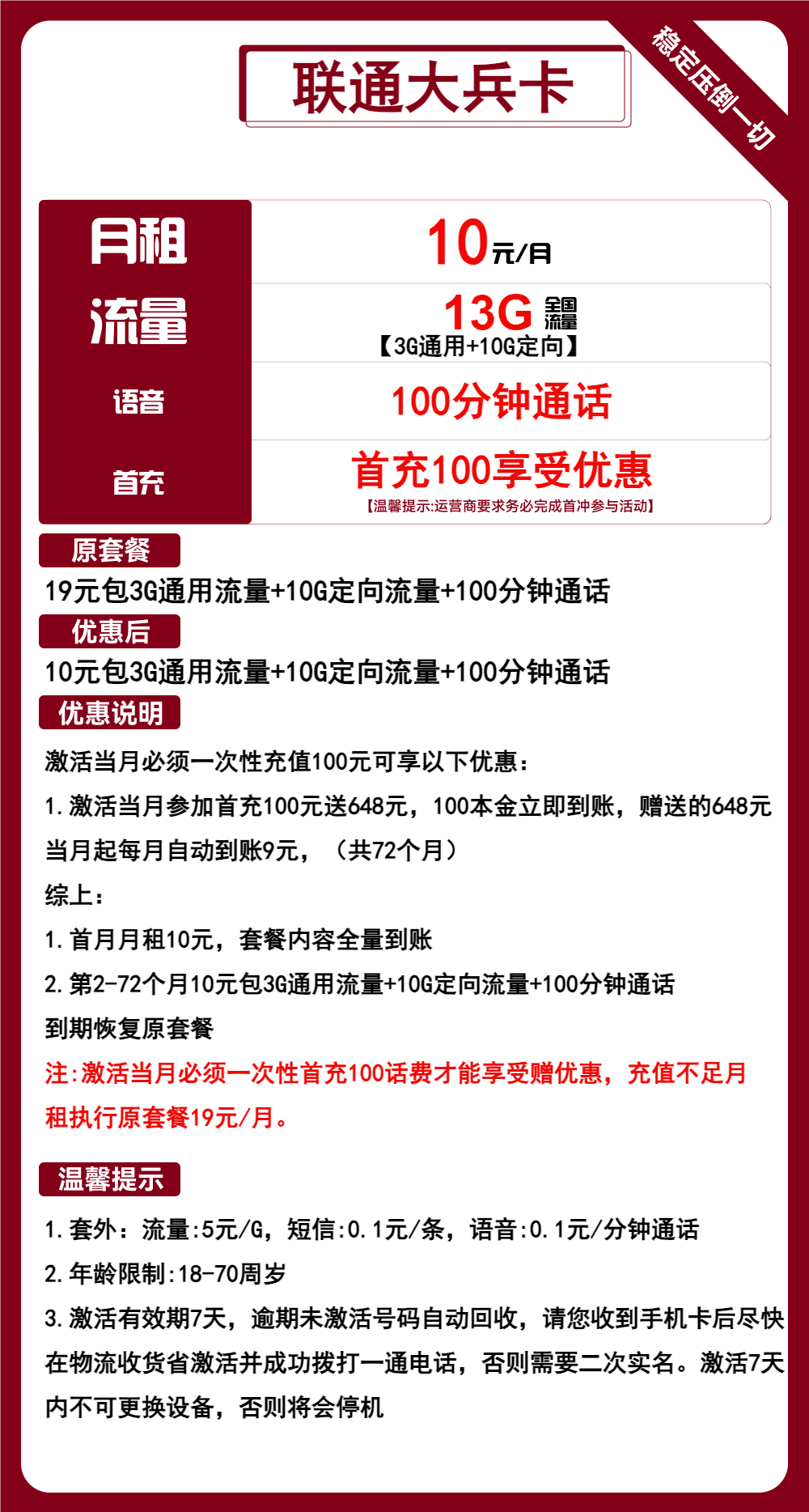 联通大兵卡10元包3G通用+10G定向+100分钟通话