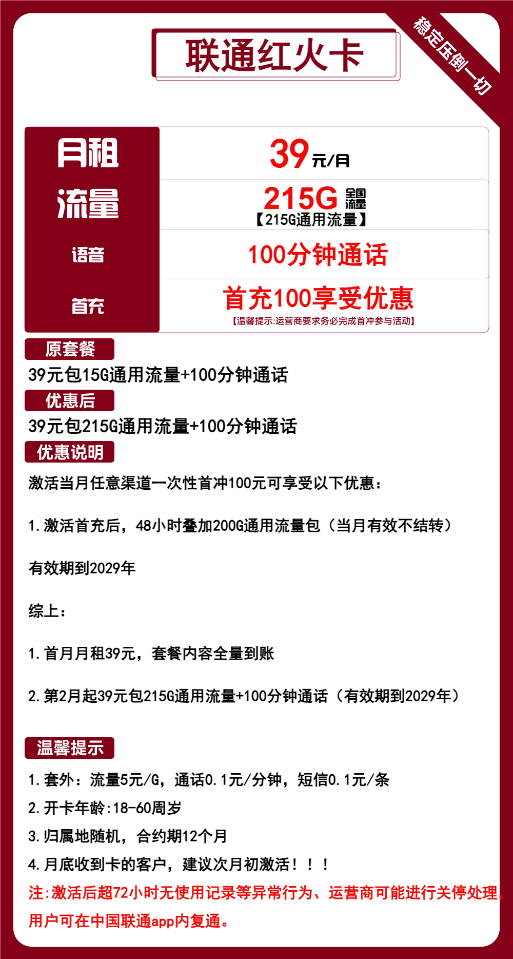 联通红火卡39元包215G通用+100分钟通话