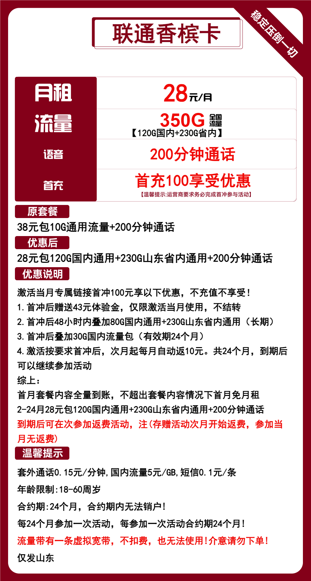 联通香槟卡28元包120G全国通用+230G山东通用+200分钟